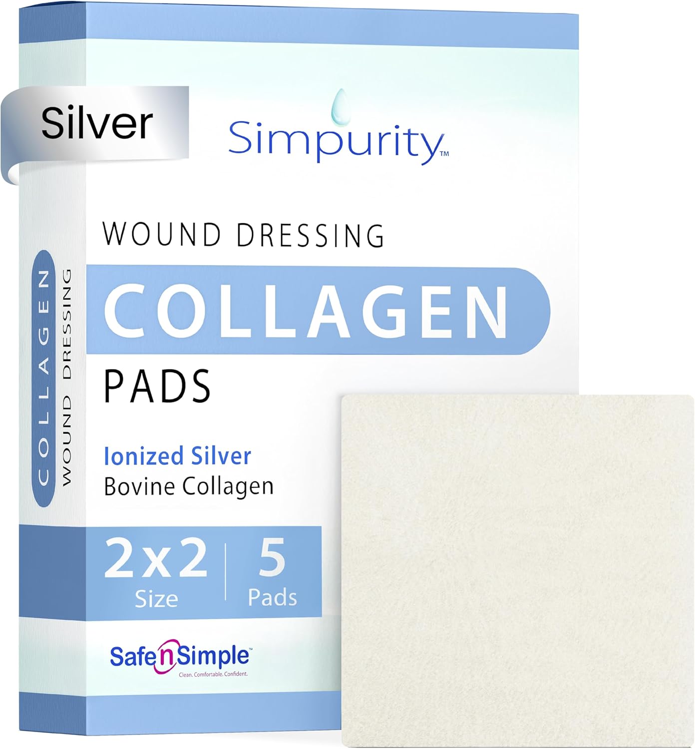 Silver Collagen Dressing Pads - 2 x 2 in 5-Pack Silver Collagen Pads for Wounds - Non-Adherent Collagen Dressing for Wound Care - Safe n' Simple Wound Care Supplies