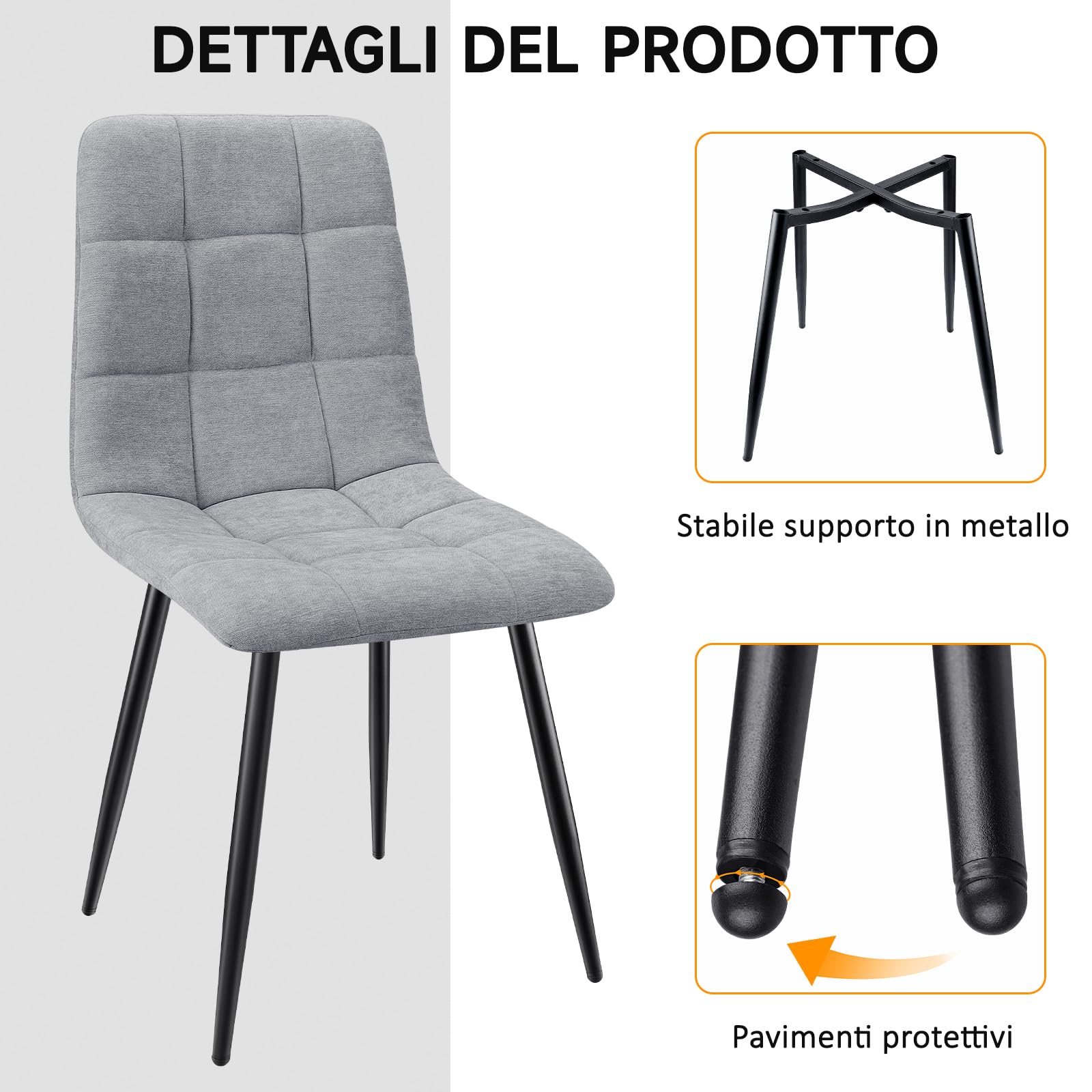 Set di 6 Sedie da Pranzo con Piedi in Metallo Nero, Imbottite con Tessuto di Lino per Cucina, Camera da Letto, Salotto e Soggiorno - Gray