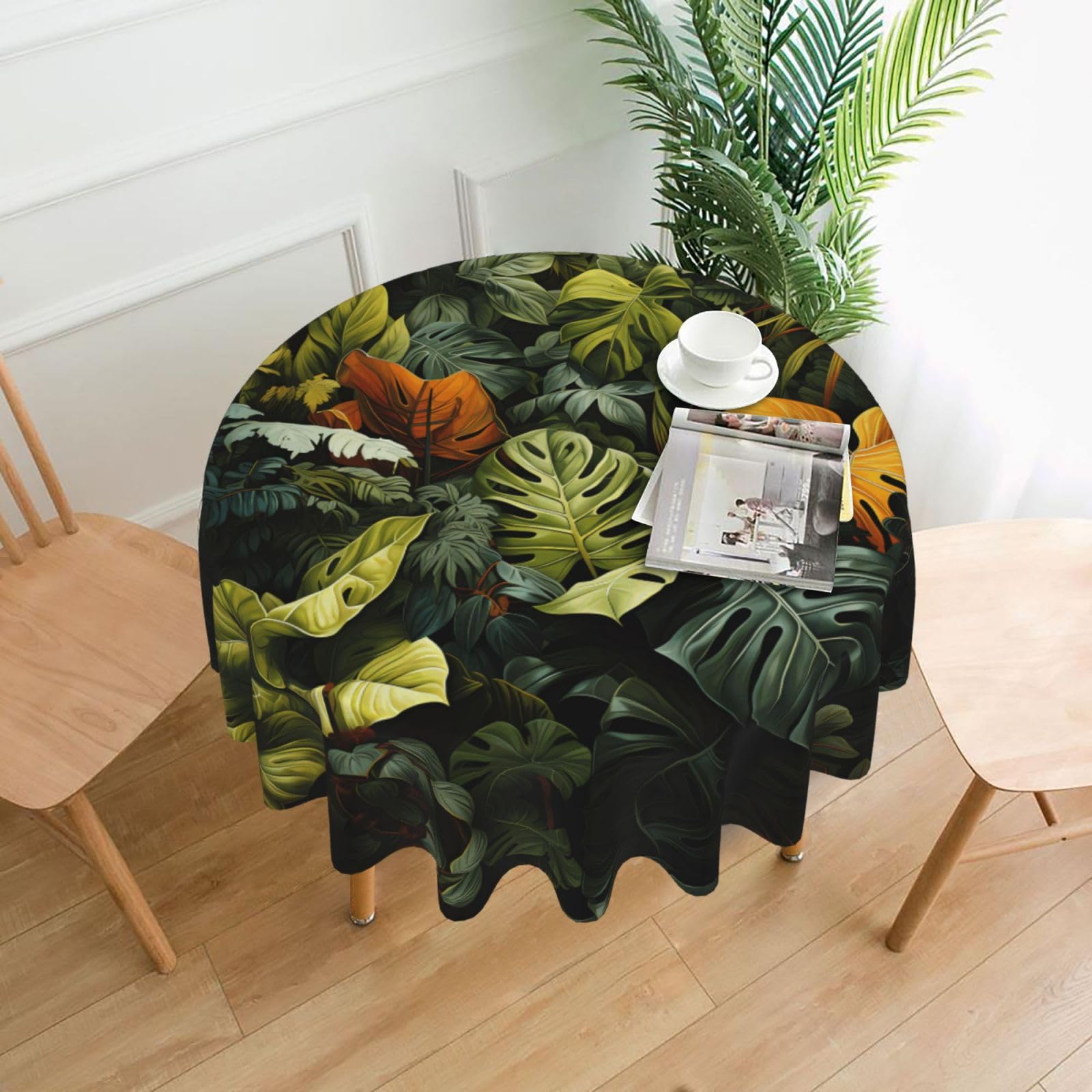 HLSBSSL Tropical Rainforest Palm Leaves Printed round decorative tablecloth, 60 inches, suitable for various tables in the living room, dining room, coffee table, etc.