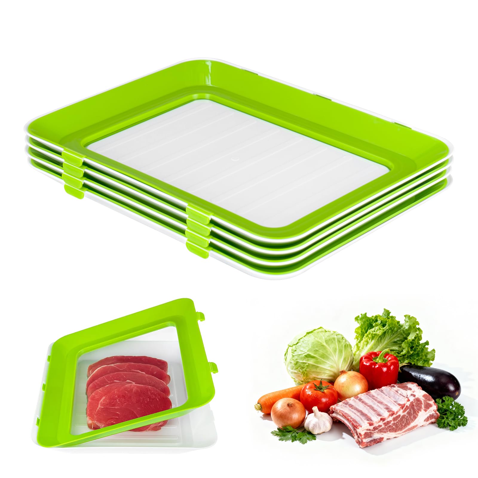 GREENSAPPIRE 4PCS Stretch Fresh Storage Trays Food Storage Trays Food Preserving Trays Stackable Reusable Foods Tray Container with Lid, Fresh Trays Storage for Food Preservation (4PCS Green)