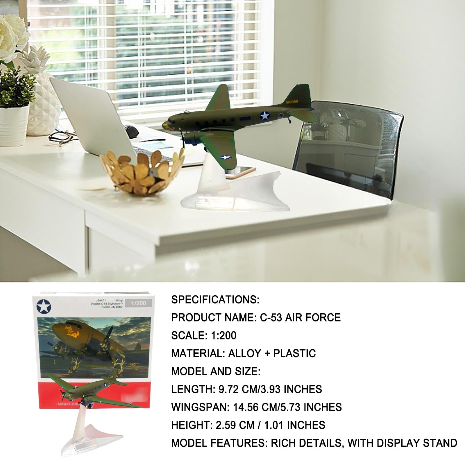 Modello aereo trasporto militare 1:200 C-53 pressofuso ad alta precisione con espositore accurato for collezionisti adulti, perfetto for decorazione domestica, esposizione ufficio, regali