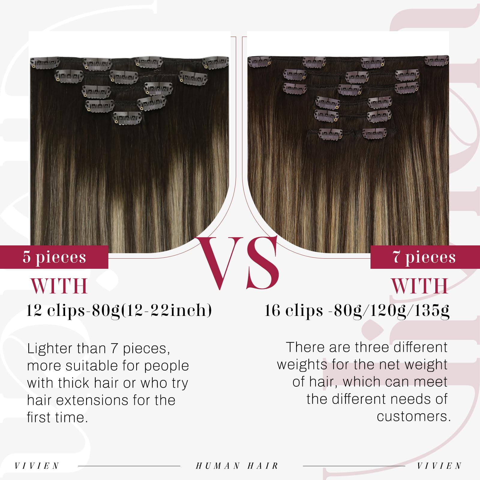 Vivien Human Hair Extensions Clip in Ombre Chocolate Brown to Caramel Brown Remy Clip in Hair Extensions 16 Inch #4/27/4 5Pcs 80g — view 4
