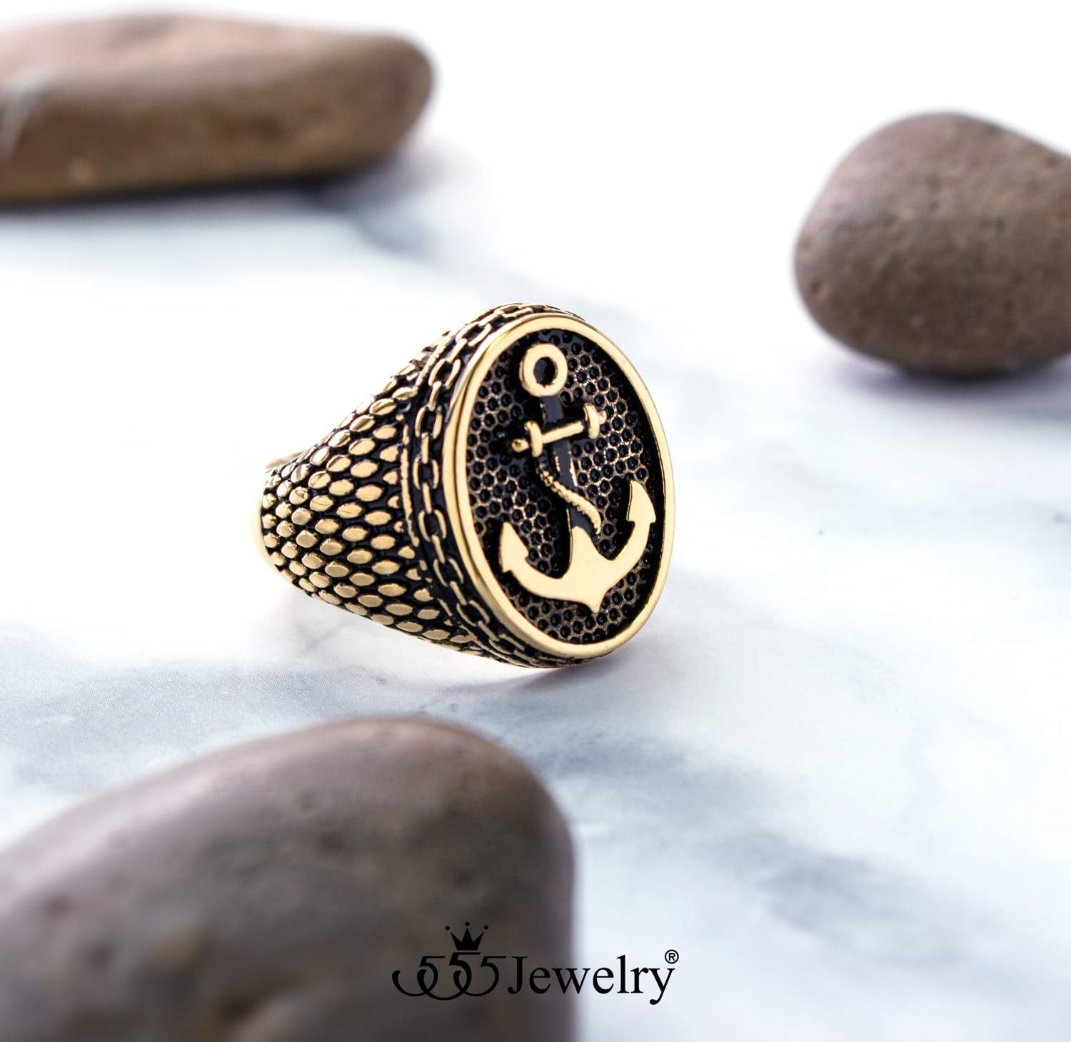 555Jewelry Stainless Steel Vintage Signet Nautical Pirate Sailor Anchor Ring for Men - Image 3