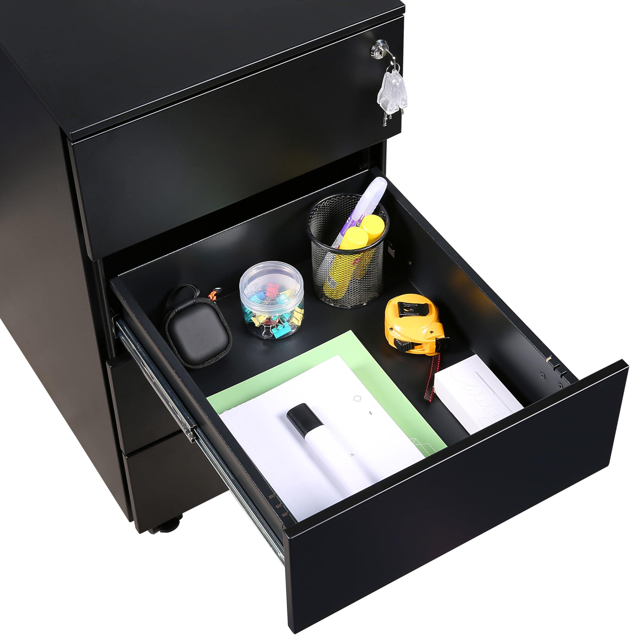 Caisson Bureau avec 4 Clés, Caisson de Rangement Mobile, Meuble Tiroir Bureau, Verrouillable, 4 Tiroirs, Travail, Bureau à Domicile