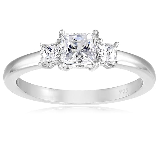 MockWares Collection Platinum-Plated Sterling Silver Princess-Cut 3-Stone Ring, Platinum Plated Silver