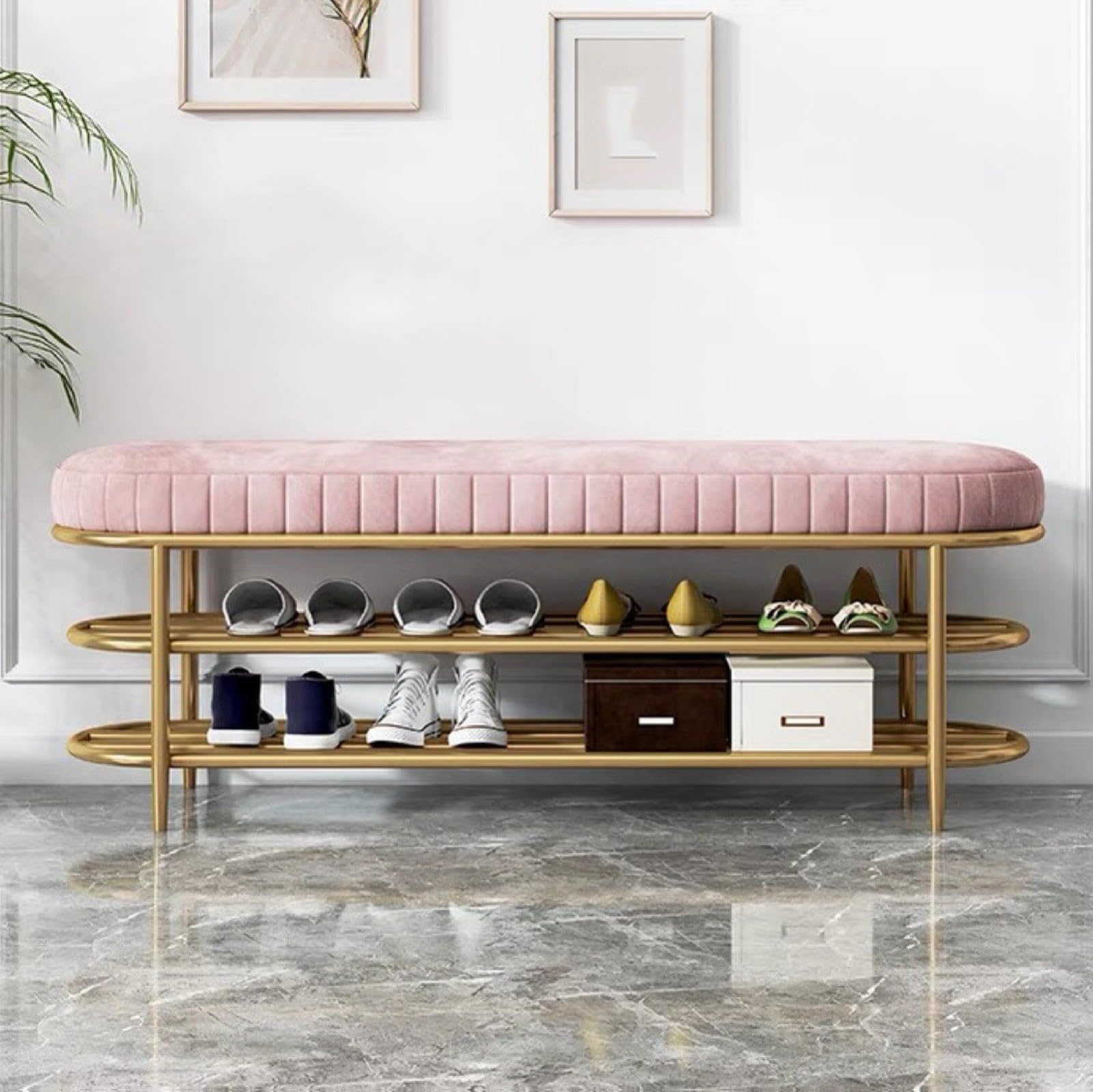 WJFTODAY 3 Tier Metal Shoe Rack Bench Velvet for Entryway Hallway & Living Room Stylish Shoe Wearing Stool & Changing Stool 60cm Space Saving Solution