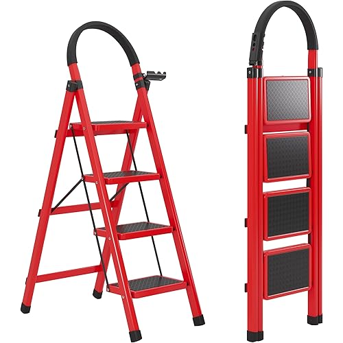 JOISCOPE 4 Step Ladder, Folding Step Stool with Upgraded Widening and Thicken Non-Slip Pedals, with armrests and Tool Holders, 250 Lbs Capacity, Portable Stepladder for Home and Courtyard, Red.