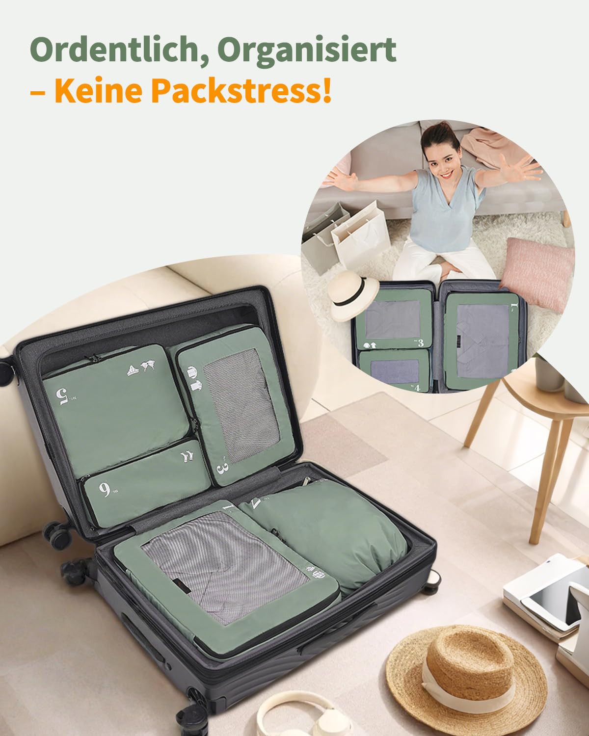 ECOHUB 7 Teilig Koffer Organizer Set, Packing Cubes mit Reißverschluss, Recyceltes PET Packwürfel Set, Packtaschen für Koffer, Organizer Koffer für Urlaub und Reisen, Reise Organizer Set (Grün)