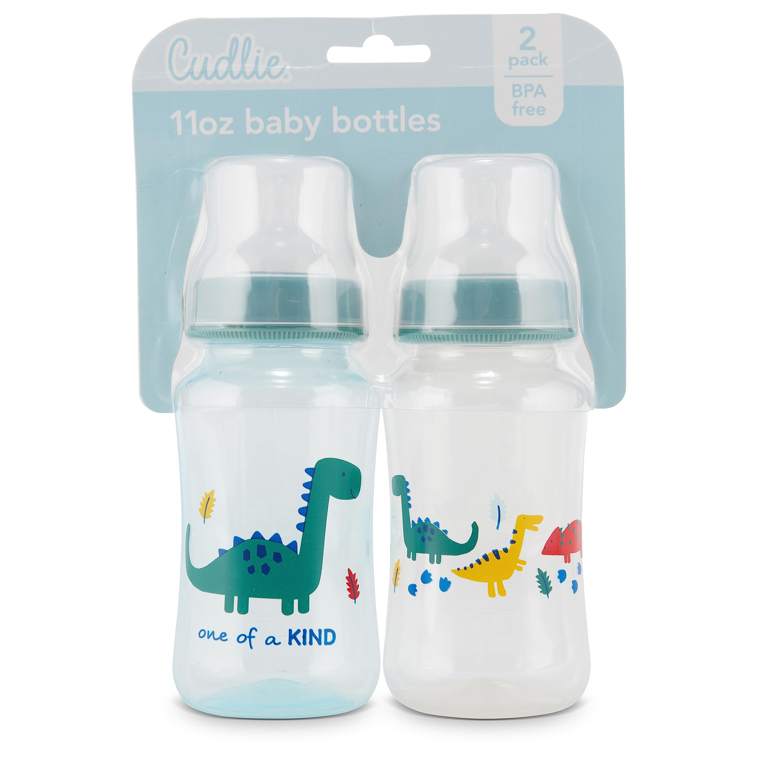 Premium 2-Pack Baby Bottles - 11 Ounce, Hourglass Shape, Fun Boys and Girls Prints, Clear Cover - BPA-Free