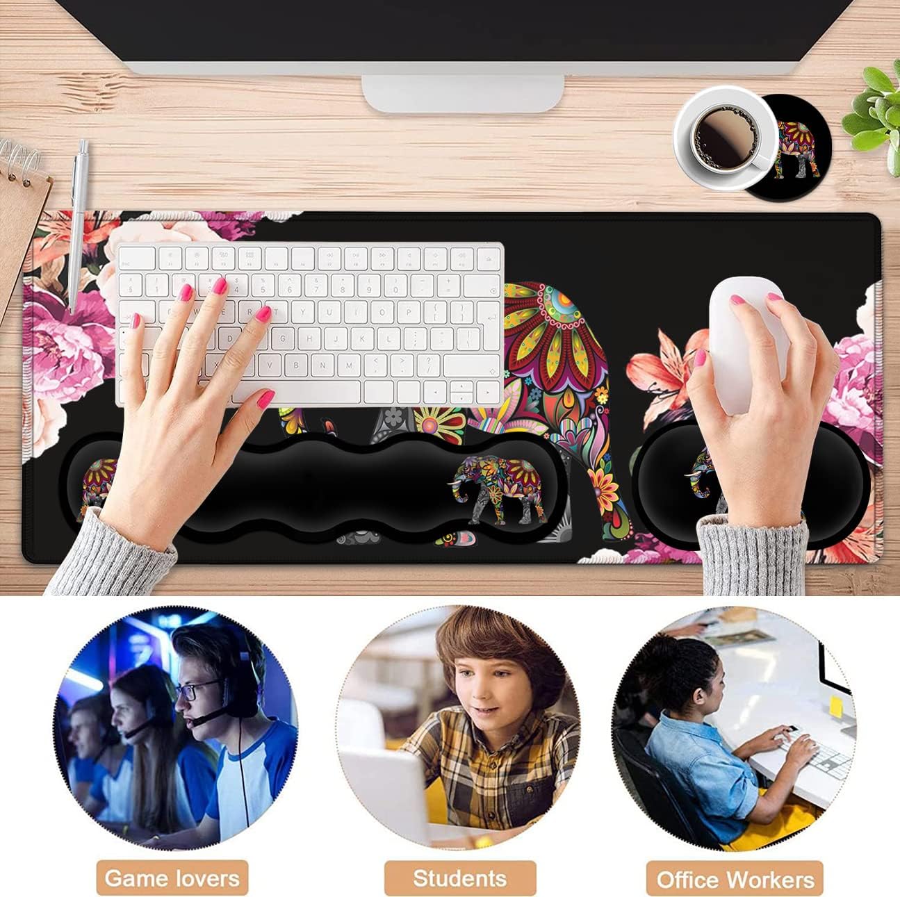 Gaming Mouse Pad XXL Large Desk Mat Non-Slip Rubber Mice, Stitched Edges(31.5x11.8 in) Ergonomic Memory Foam Keyboard Wrist Rest, Cute Funy Anime Cartoo Colorful Elephant Black Extended Mouse Pad Set