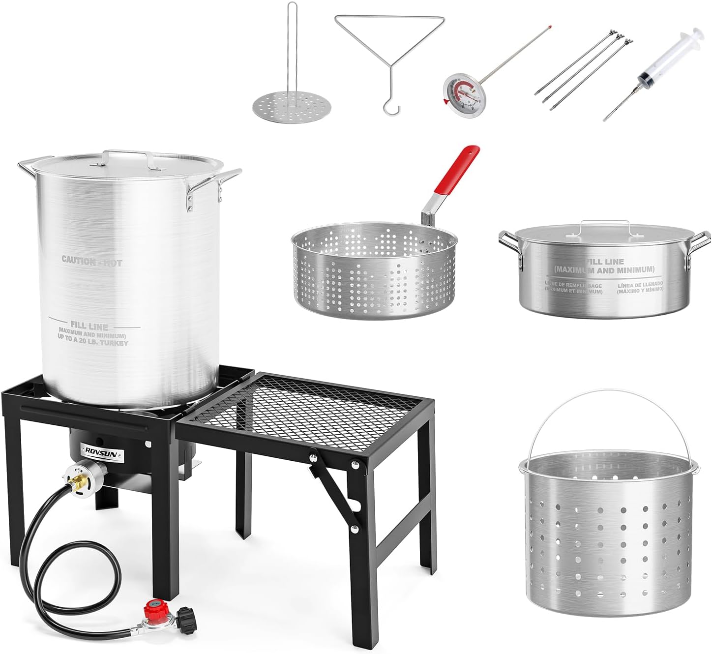 ROVSUN 30QT Turkey Fryer & 10QT Fish Fryer Kit w/ 55,000BTU Propane Stove, Aluminum Outdoor Deep Fryer & Seafood Boiler Steamer w/Baskets, Thermometer, Marinade Injector, Turkey Rack & Rack Lifter