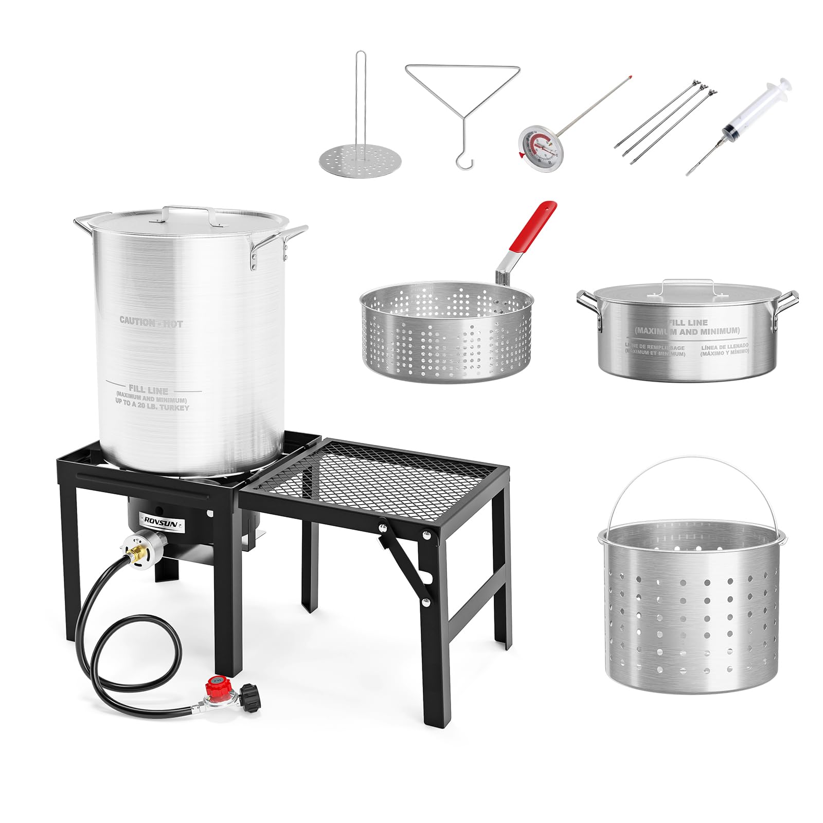 ROVSUN 30QT Turkey Fryer & 10QT Fish Fryer Kit w/ 55,000BTU Propane Stove, Aluminum Outdoor Deep Fryer & Seafood Boiler Steamer w/Baskets, Thermometer, Marinade Injector, Turkey Rack & Rack Lifter