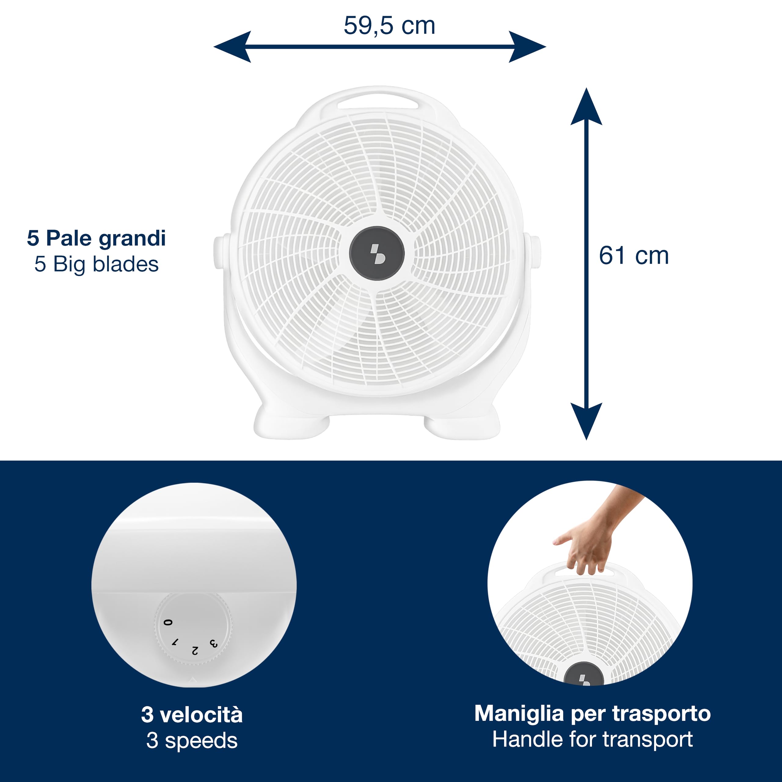 BEPER P206VEN561 Ventilatore da Pavimento 360° – Ventilatore da Terra con 5 Pale, 3 Velocità, Inclinazione Totale, Maniglia per Trasporto, Potente e Silenzioso
