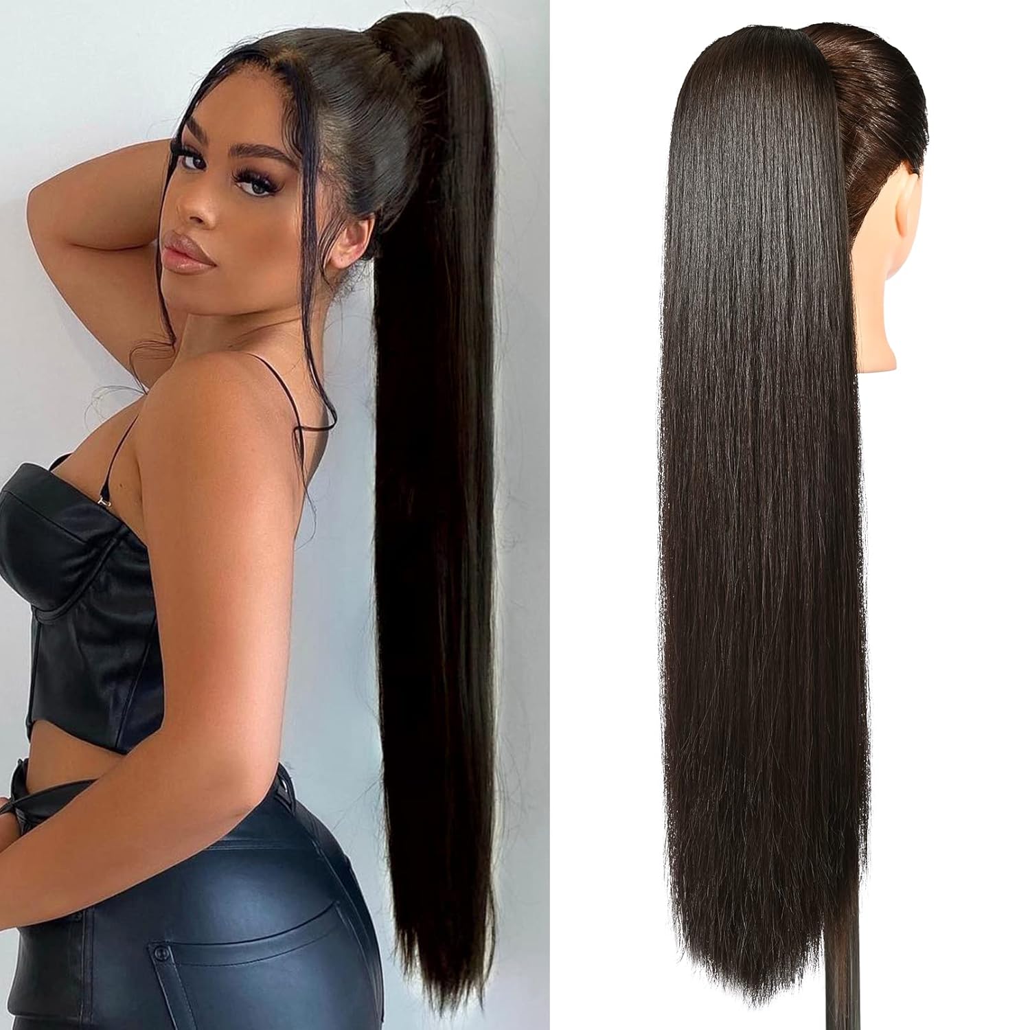 SEIKEA Ponytail Extensions Drawstring Long Straight Fake Pony Tail Natural Soft Clip in Hair Extension Synthetic Heat Resistant Hairpiece 32 Inch 165 Gram Black Brown 32 Inch 165G (Pack of 1) Black Brown