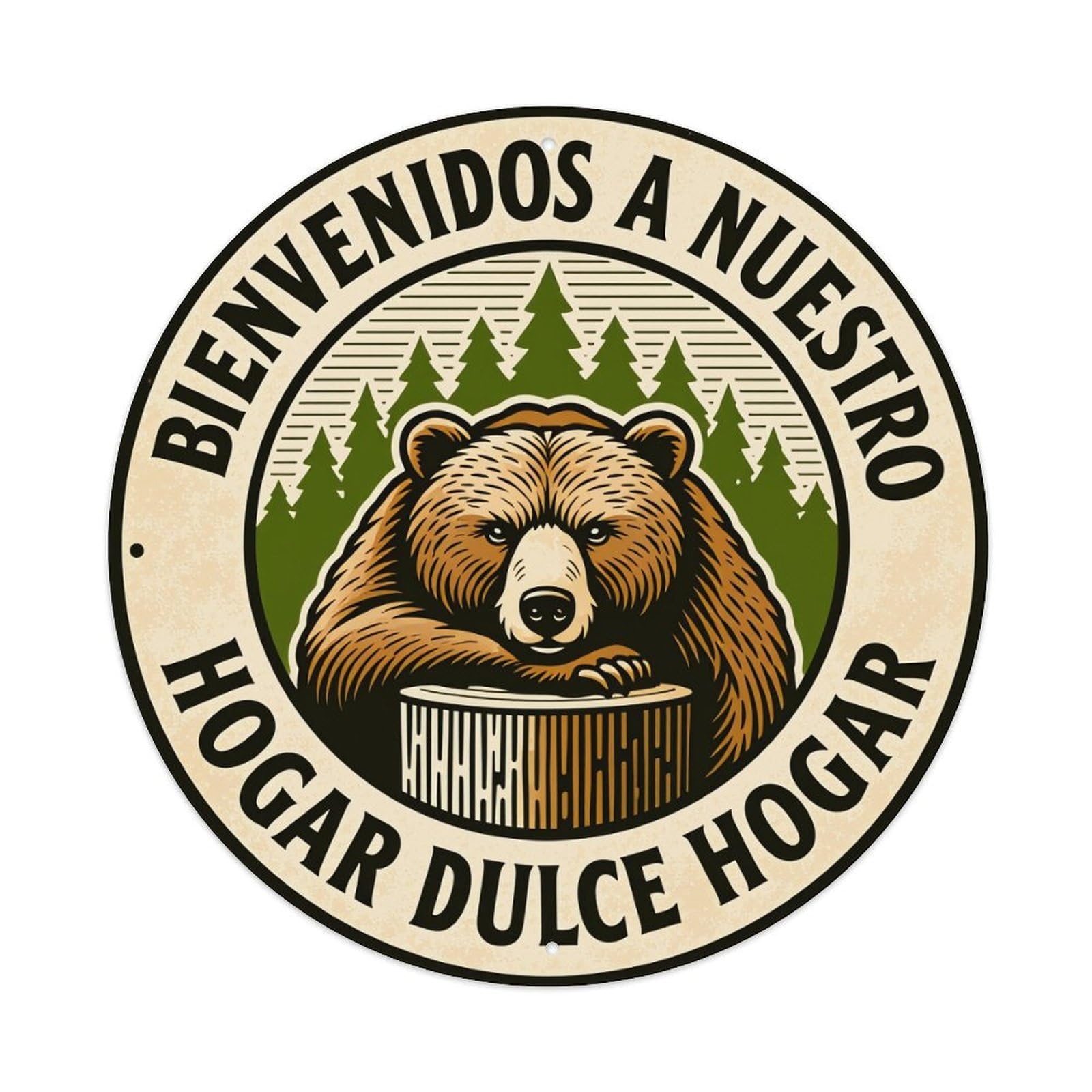 Bear Forest Tree Home Welcome Round Tin Sign Vintage Metal Poster, Home Bar Garage Man Cave Cafe Indoor & Outdoor Wall Decoration 8x8Inches