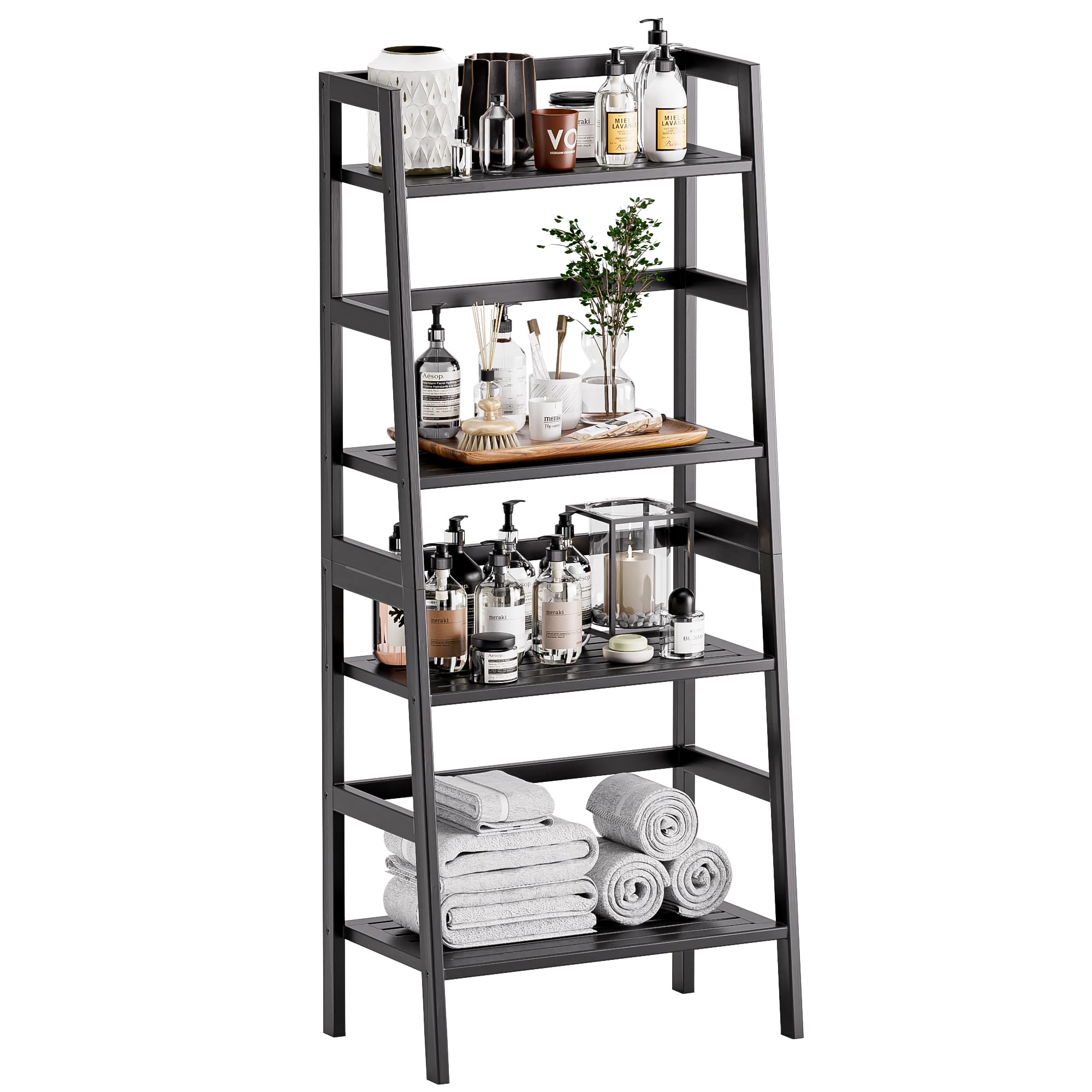 HITNET Black Bookshelf, 4-Tier Ladder Shelf, Freestanding Leaning Bookcase with Bamboo Shelves, Space Saving Flower Plant Stand for Small Space