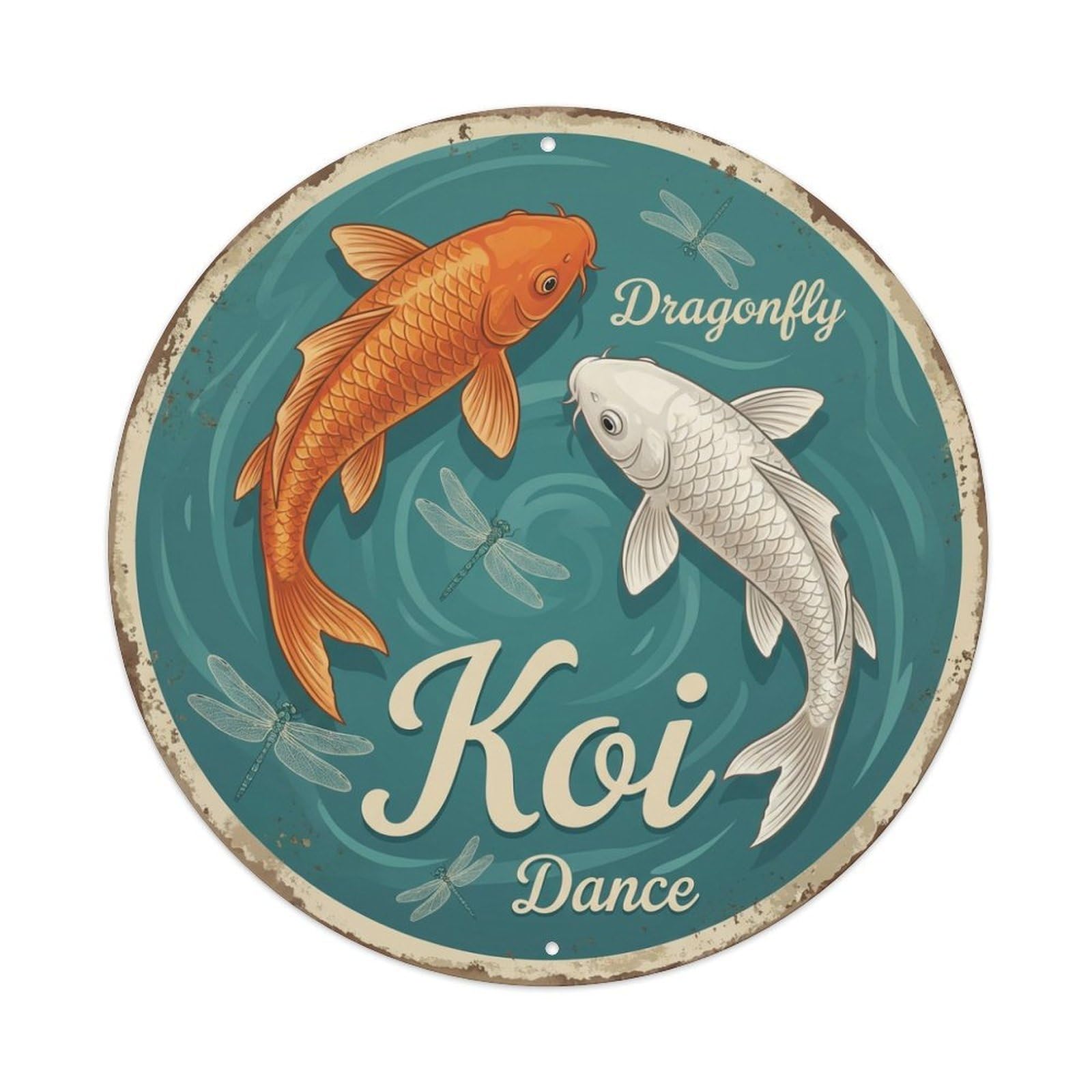 Koi Fish Dragonfly Dance Waters Insect Flight Graceful Elegant Metal Tin Sign