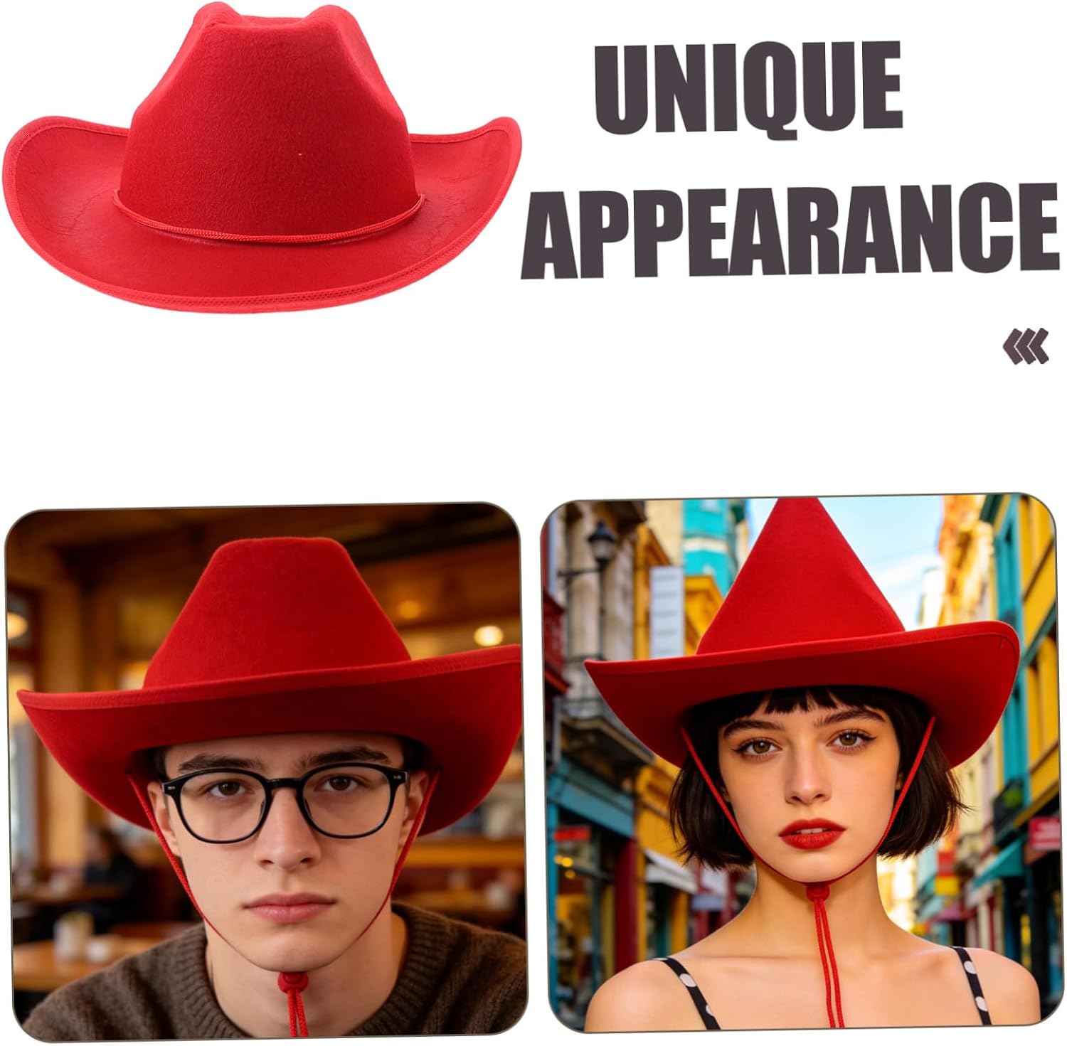 Red Denim Cowboy Hat for Men and Women with Adjustable String, Brim Binding Western Costume Accessory for Party and Country Theme Events