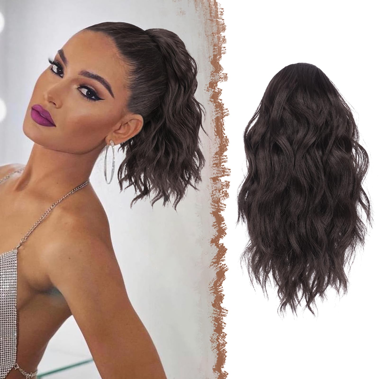 FESHFEN Ponytail Extensions - Drawstring Ponytails Hair Extension Short Curly Wavy Hair Piece Synthetic Brown Pony Tail Hairpieces for Women, Dark Brown 12 inch