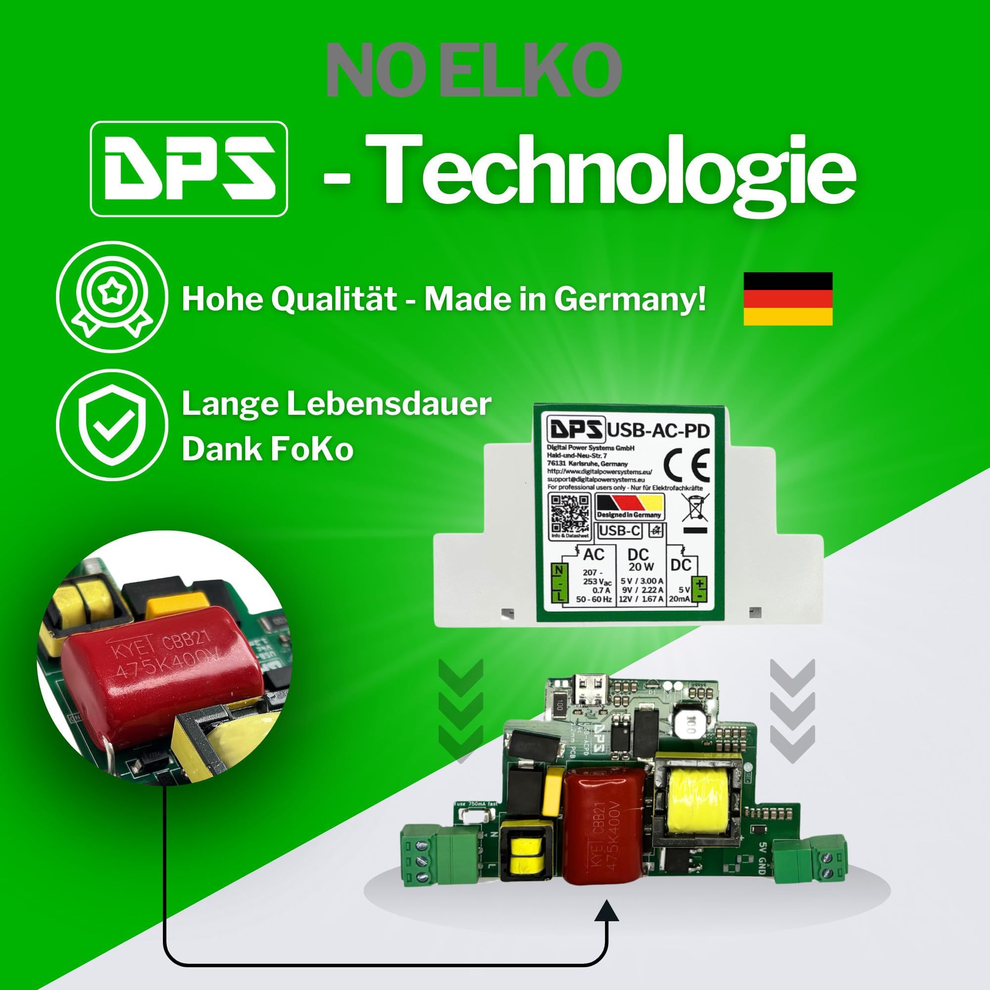 Bloc d'alimentation Rail DIN USB-C 230 V CA 20 W Power Delivery Protection Courts-Circuits Surtensions