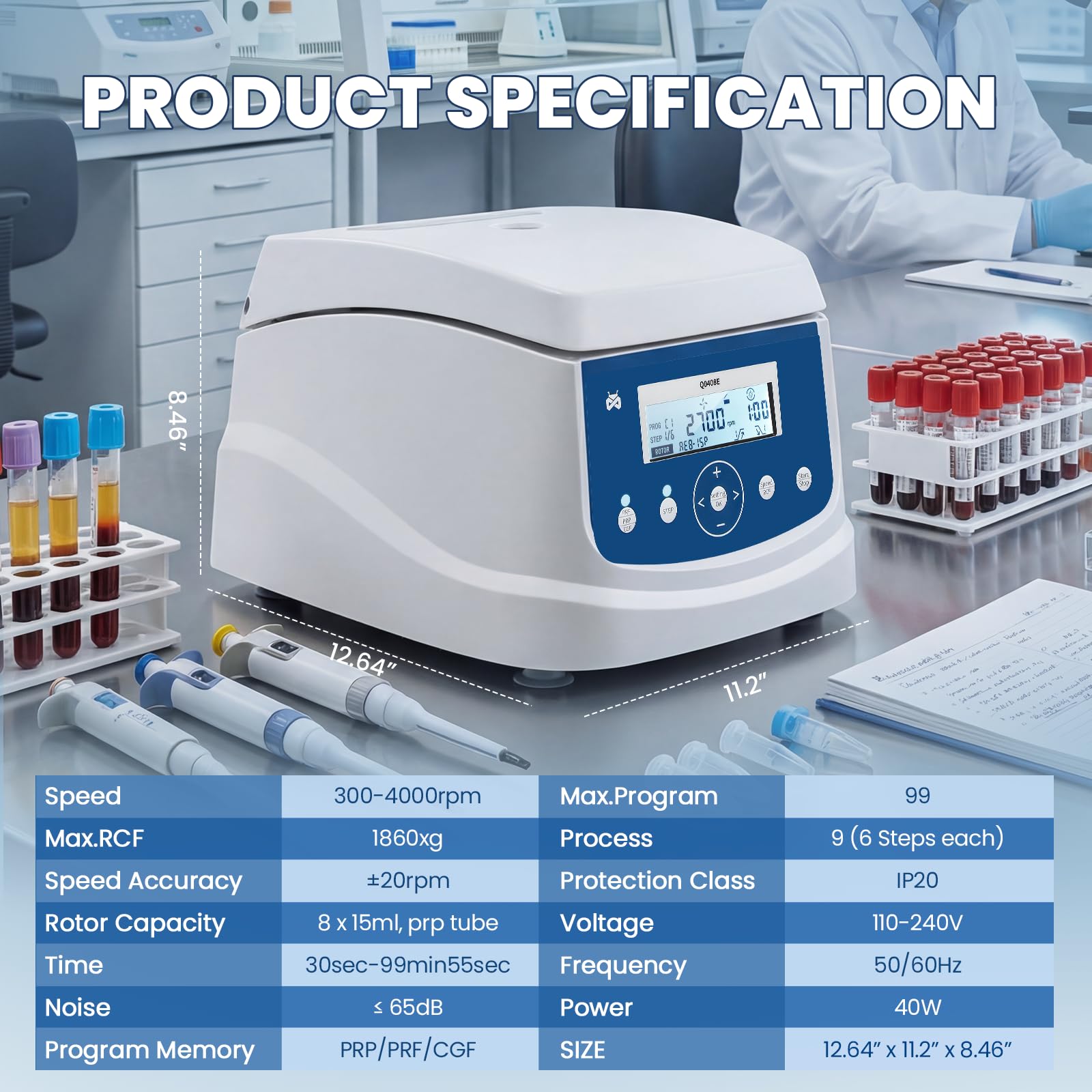 Mxmoonant Centrifuga stabile, 8×15ml, 300-4000 RPM, 1860xg RCF | 30s-99min, per PRP, separazione campioni, analisi qualitativa