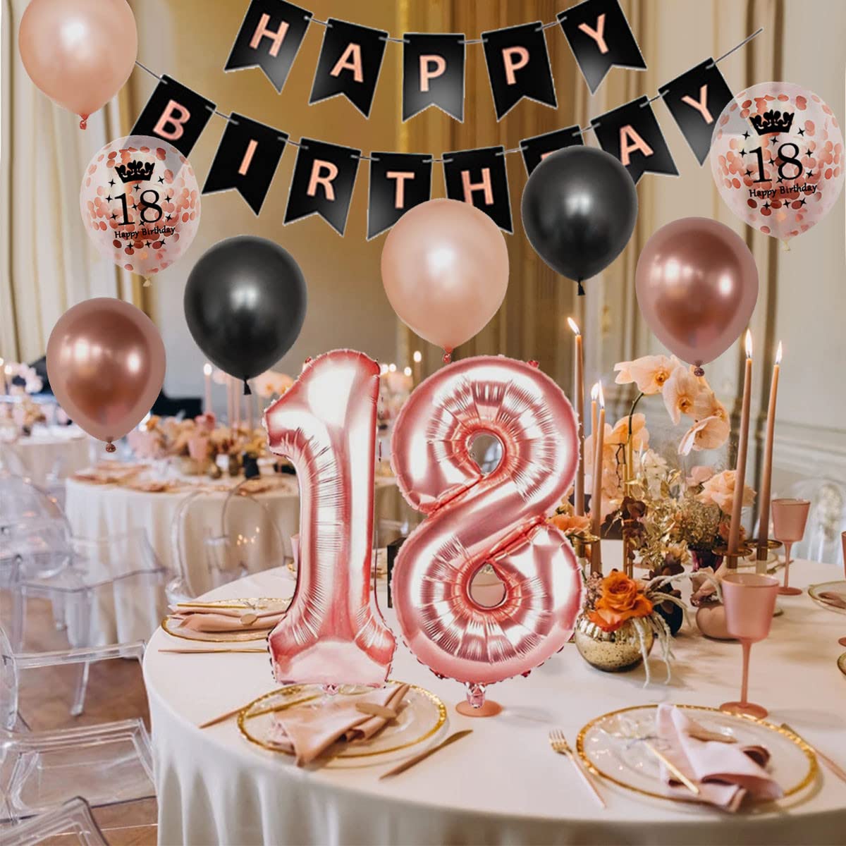 Decorazioni per il 18° compleanno per ragazzi e ragazze, blu e argento Happy 18th Birthday Banner nero 18 palloncini per il giorno della nascita decorazione tovaglia coriandoli in lattice palloncini