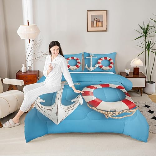 Miniatura 2 de Erosebridal Edredón náutico costero, ropa de cama con diseño de anclaje y salvavidas a rayas, juegos de ropa de cama y colecciones, edredón de