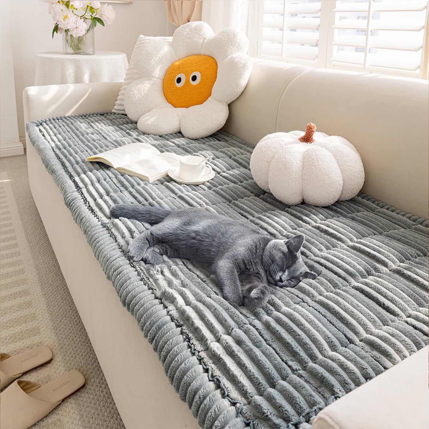 FUNNY FUZZY Pet Couch Covers for Sofa, Washable Dog Couch Cover Protector for Dogs, Flannel Couch Covers for Dogs Pet Friendly Pets Mat Bed Sofa Cover (Blue-Grey, 27.6