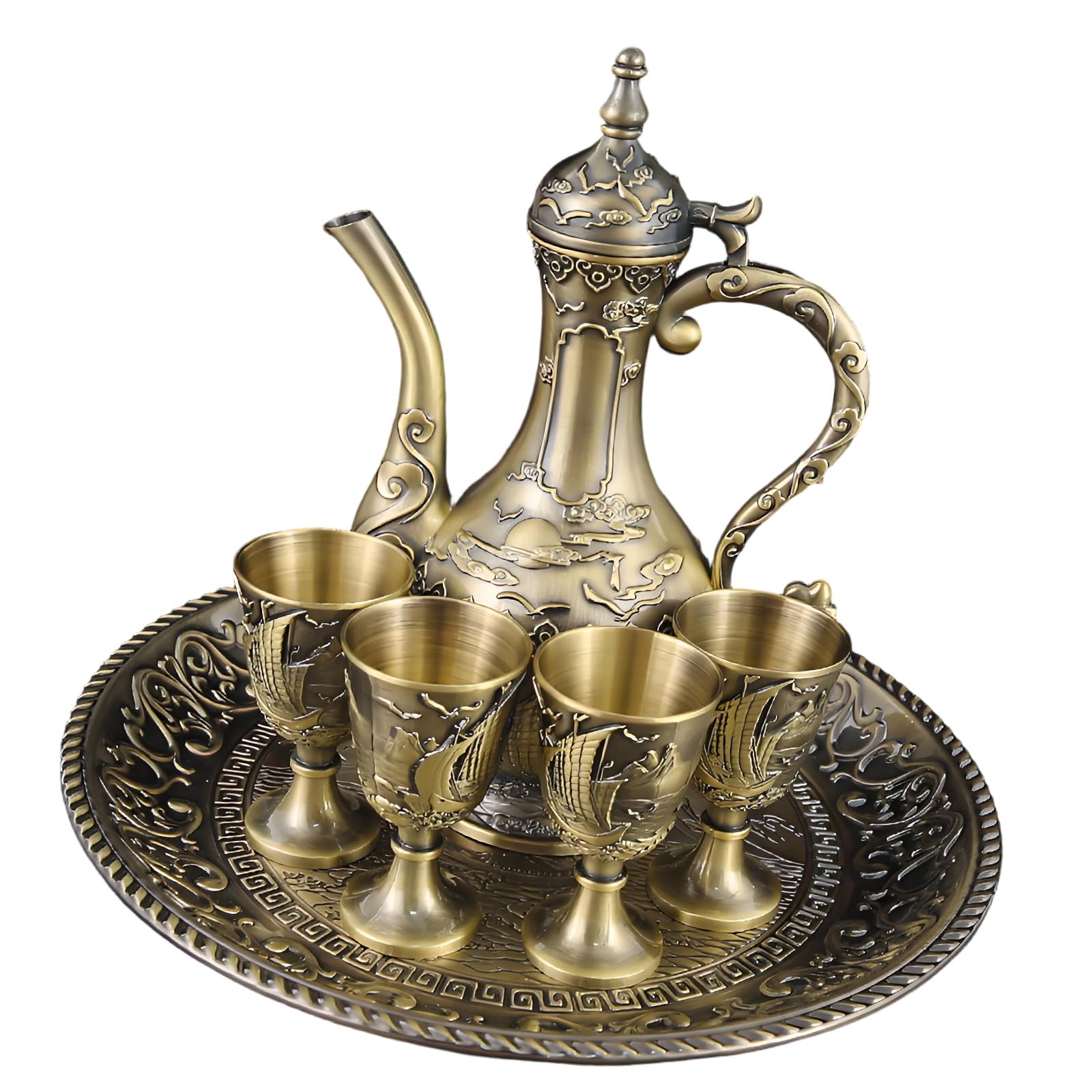 Ornate Zinc Alloy Wine Pots and Glasses Goblet Cups, Vintage Engraved Metal Serving Vessel for Home Entertaining Display and Banquet Decor Ceremonial Drinkware Pitcher Ornate Wine Pots Vintage Home