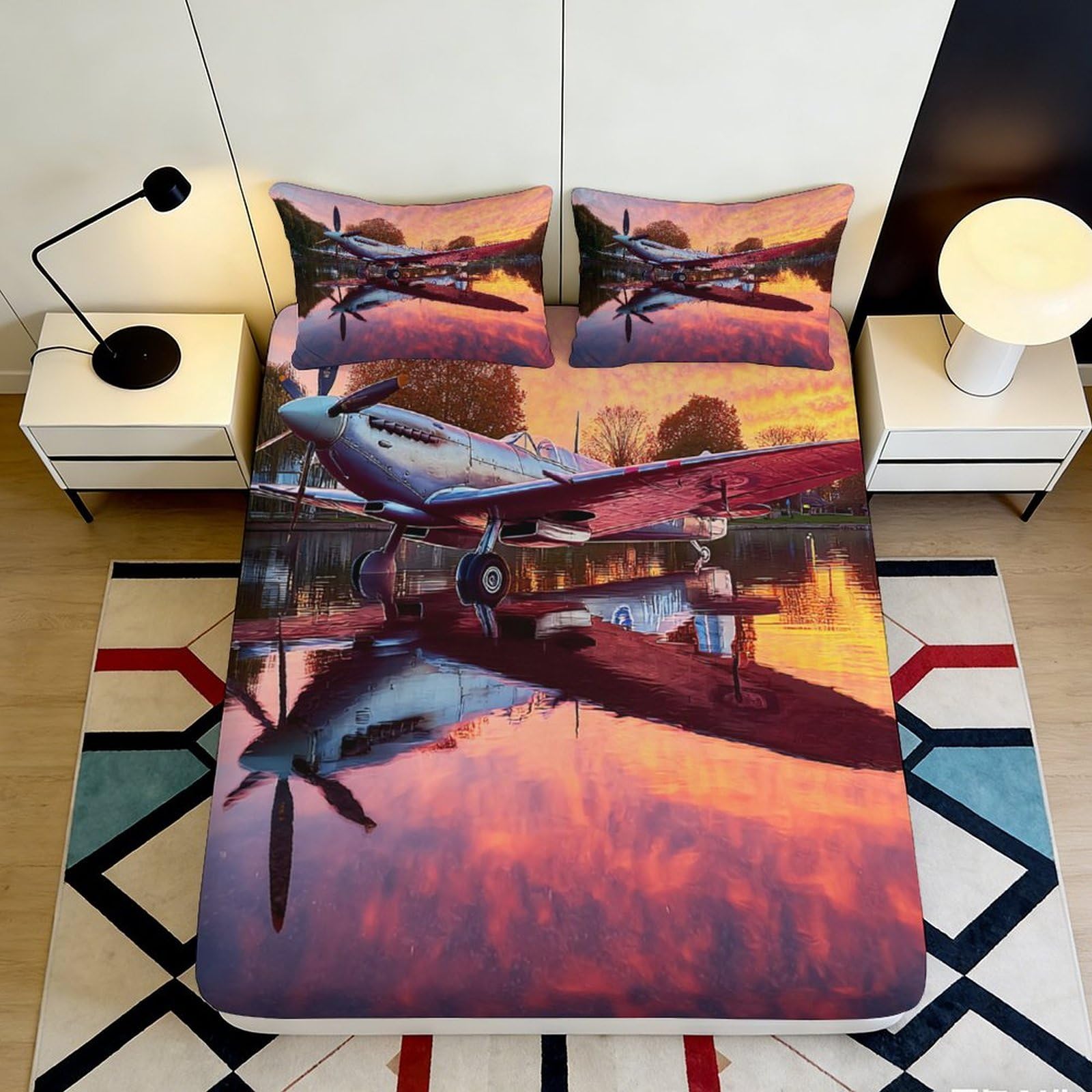3D Printed Sunset Airplane Fitted Sheet Microfiber Soft Breathable Reflection Bed Cover for Bedroom Dormitory Guest Room Mattress Protection Decor 160x200x25cm