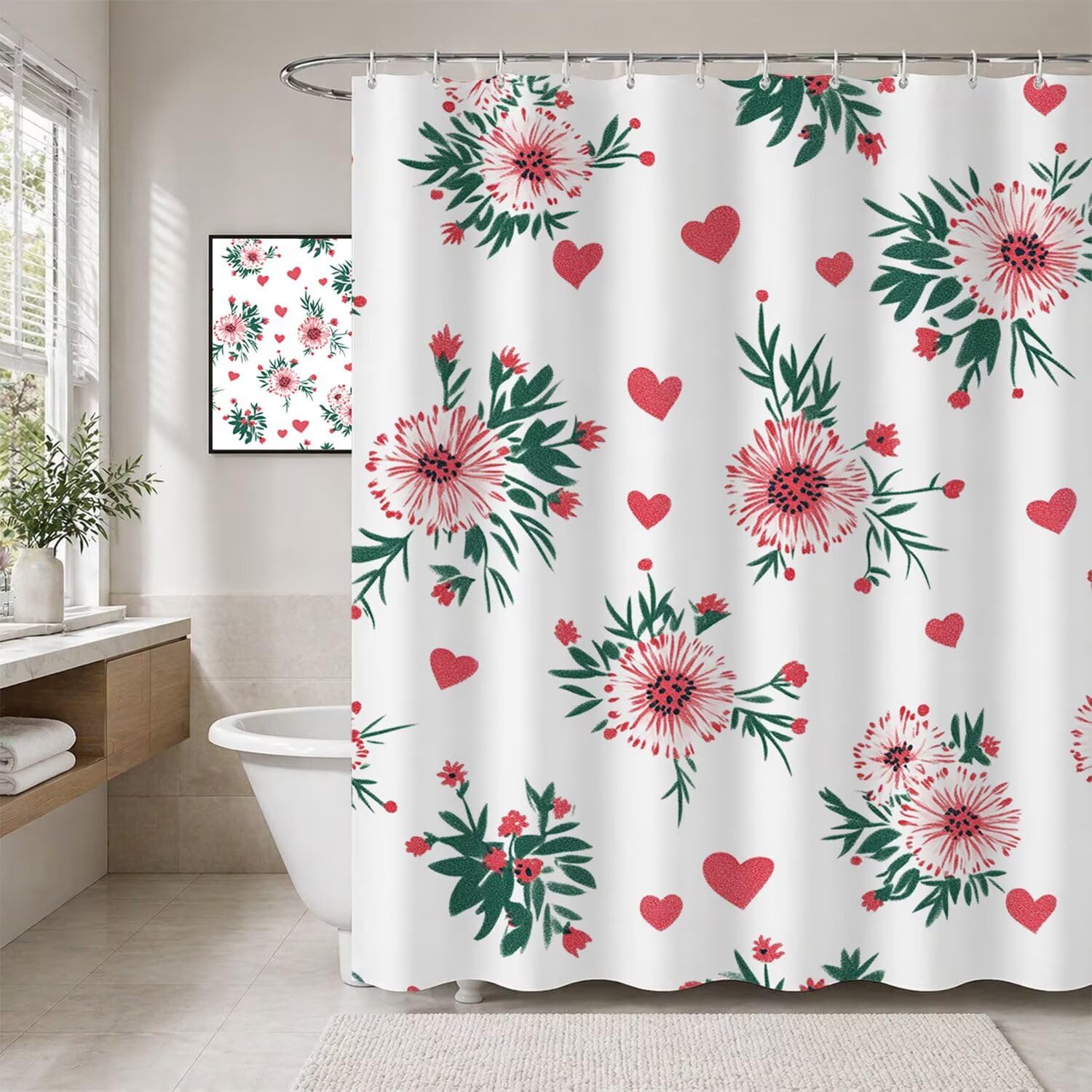 Decoration salle de bain fleurie avec rideau douche polyester