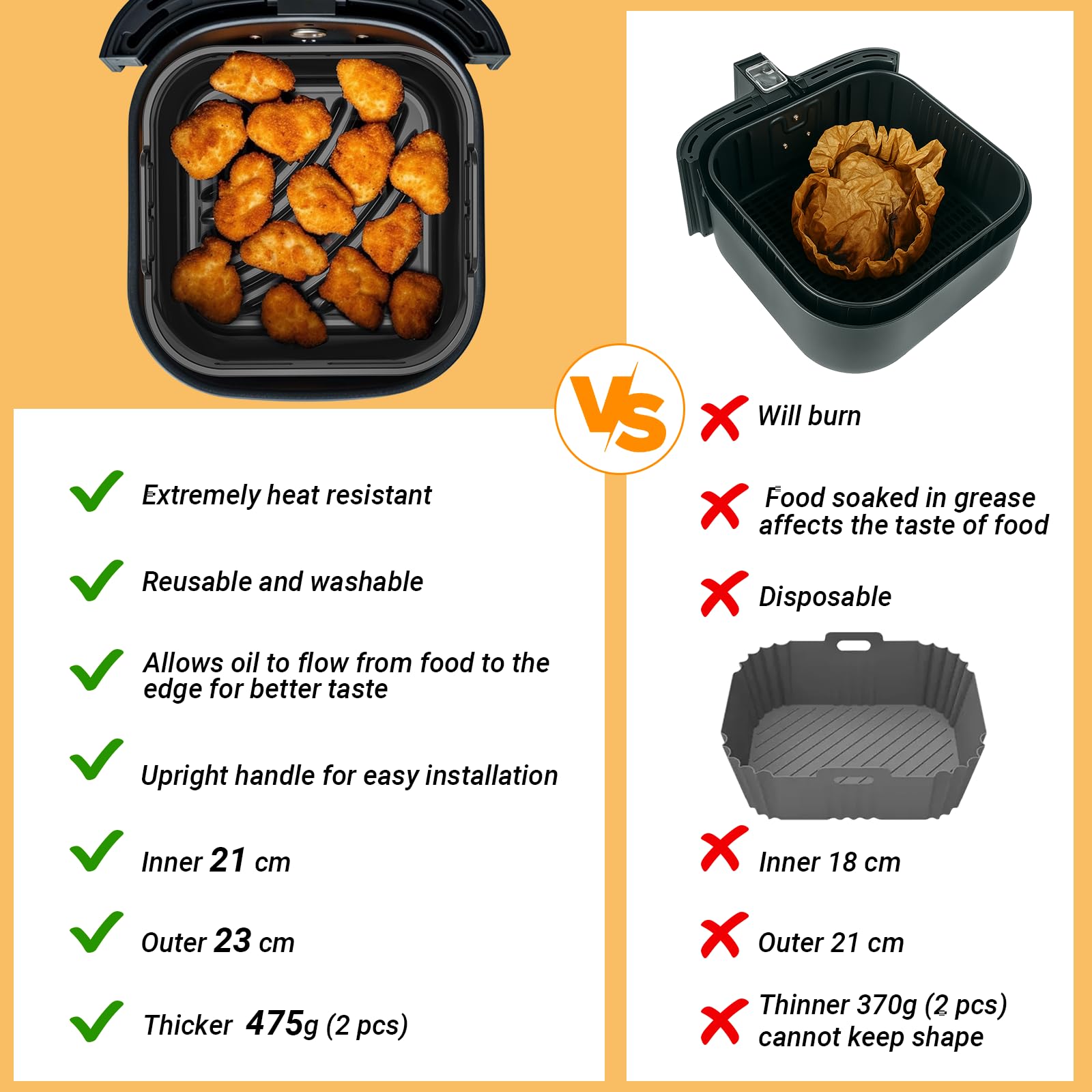 Alyvisun Silikonowa Wkładka do Frytkownicy Powietrznej z Pędzel do Oleju, 2 Sztuki Wielokrotnego Użytku Kosz do Pieczenia Kwadratowy Koszyk Formy Blacha do Air Fryer, Mikrofalówki, Piekarnika(Czarny)