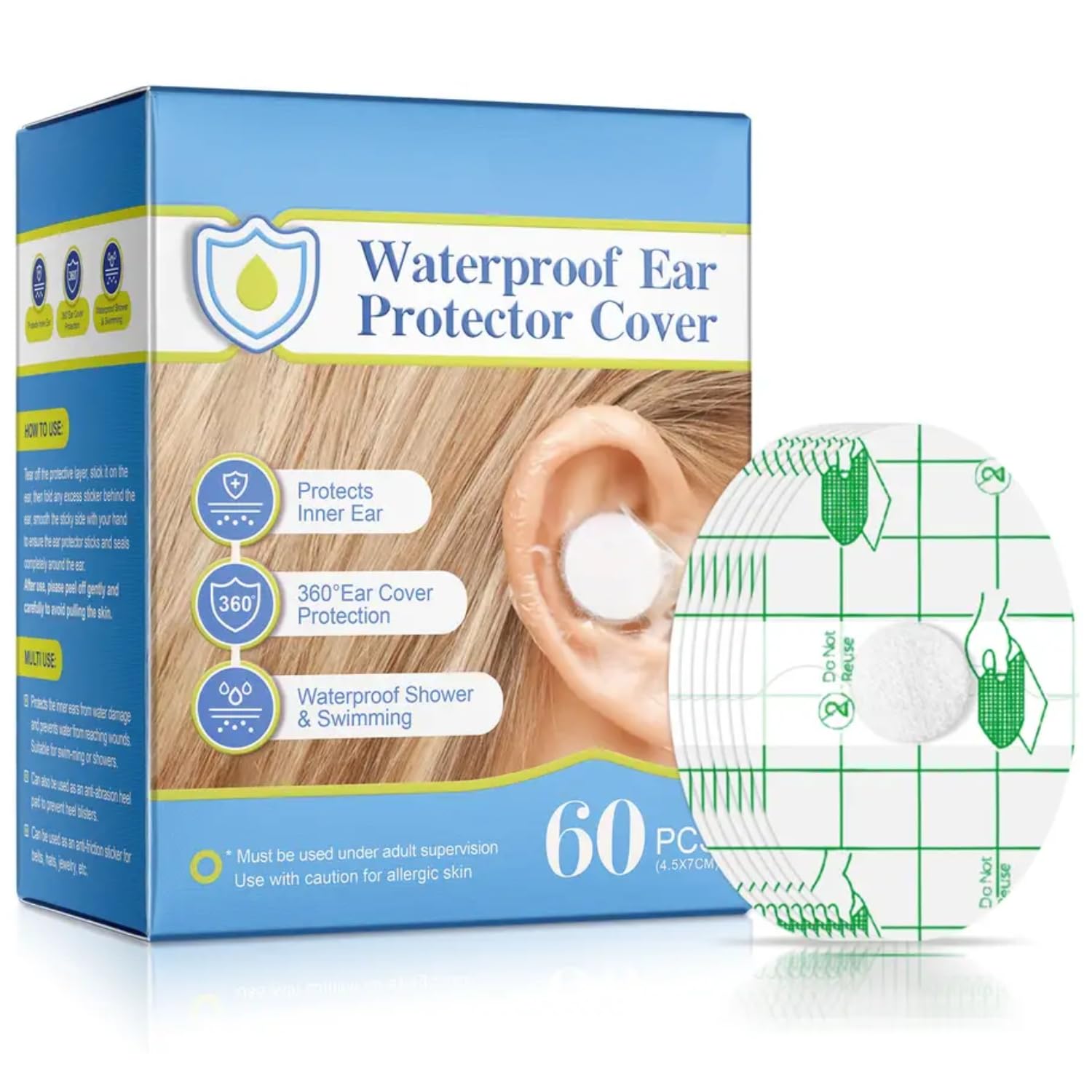 Waterproof Ear Protector Cover 60 Pcs | Kids Ear Protector New Born Ear Protection for Bathing, Swimming, Shower | Disposable Baby Ear Cover Stickers for Kids and Adults Water Activities