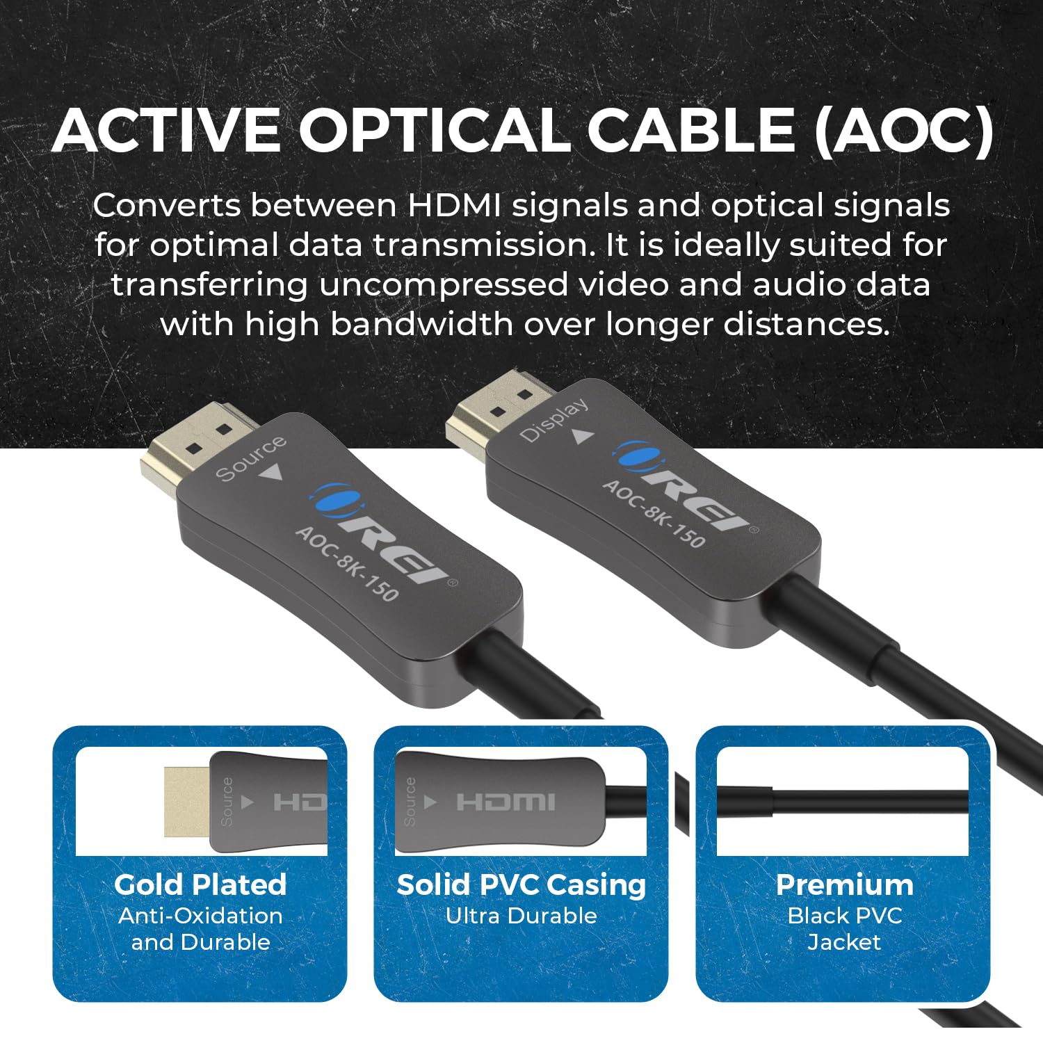 OREI Cable HDMI 2.1 8K de 150 pies - AOC Cable HDMI de fibra óptica activa, 48 Gbps, 8K @60Hz, 4K @120Hz, HDR10+, eARC, HDCP 2.3, sin EMI, chapado en oro, trenzado de nailon