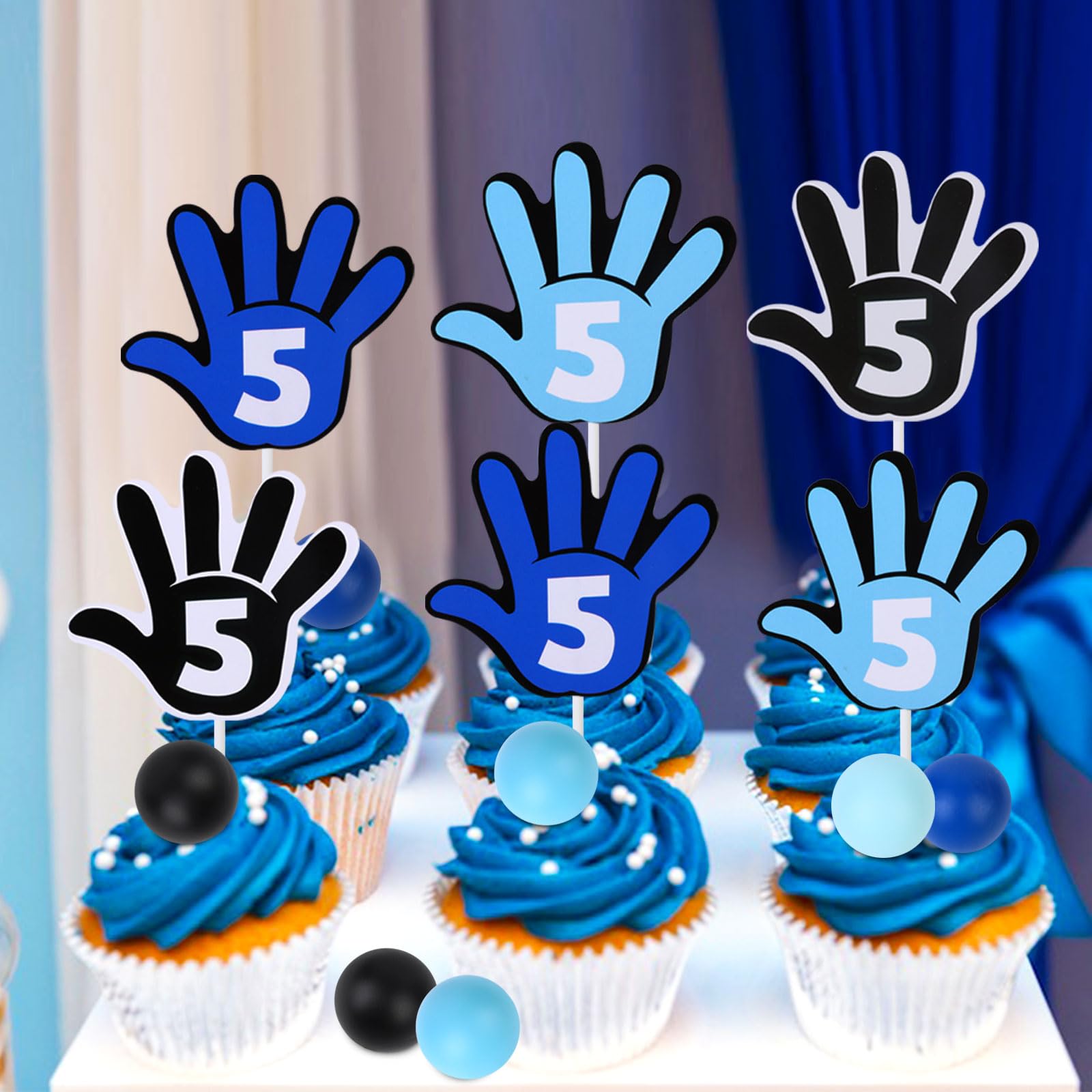 HI FIVE 5th Birthday Cake Decorations - Blue & Black Ball Dessert Picks, Cupcake Toppers For Boys' Party