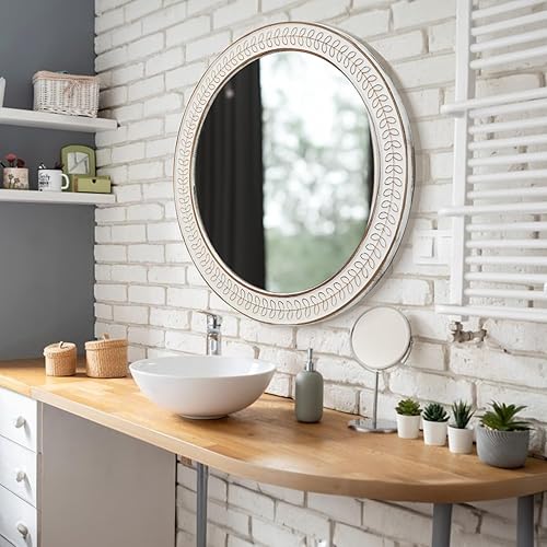 Miniatura 6 de Espejos redondos de 26 pulgadas para pared, espejo circular de madera con marco tallado, espejos decorativos rústicos desgastados para sala de