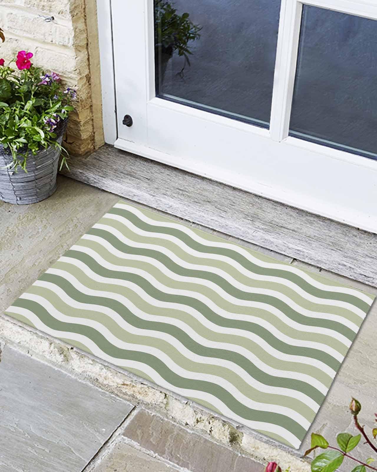 Welcome Doormat Sage Green Stripe Water Ripple Non-Slip Front Door Mat Absorbent Bath Mats Modern Minimalist Style Kitchen