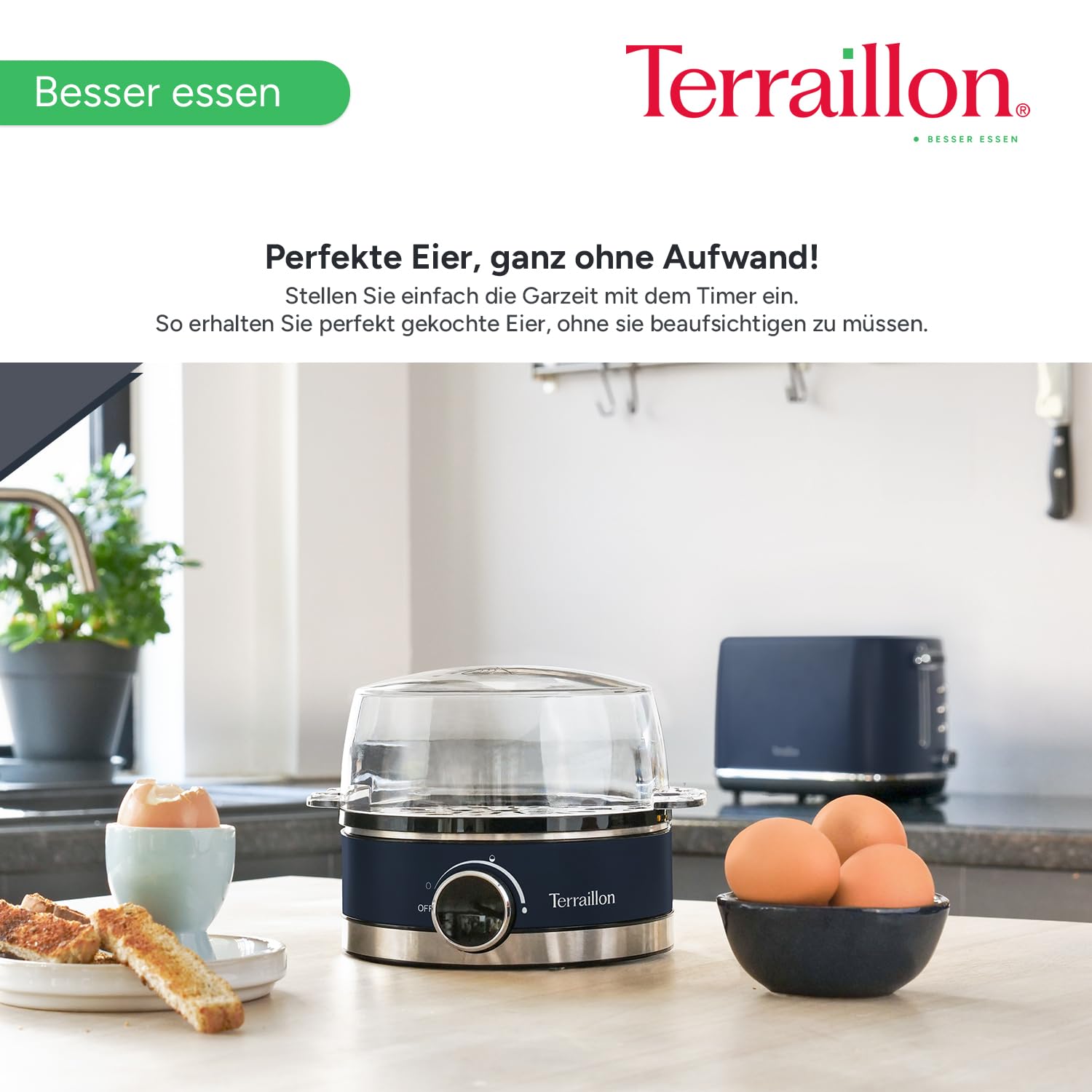 TERRAILLON - New Moon Elektrischer Eierkocher, Kapazität 7 Eier, 410 W, integrierter Timer, integrierter Deckel, Messbecher, Korpus aus lackiertem Edelstahl, Blau