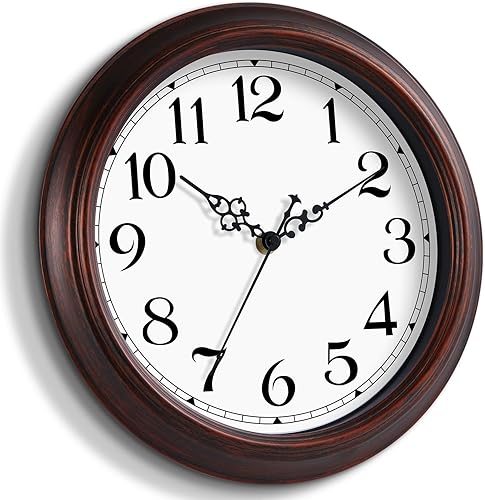Miniatura 2 de HYLANDA Reloj de pared de 12 pulgadas, funciona con pilas, reloj de bronce para cocina, silencioso, sin tictac, color marrón, para sala de estar,