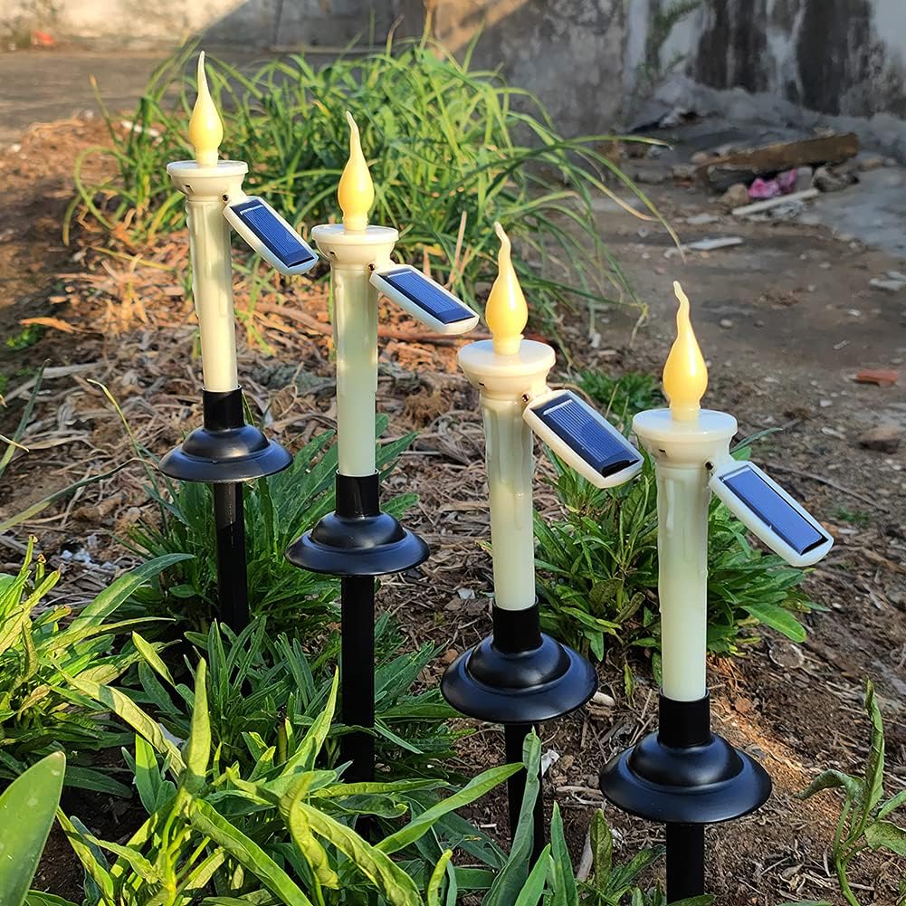 JIANWEI Solar Taper Candles Outdoor Waterproof, 4 Packs LED Candlestick with Holders, Battery Operated Real Flame Effect Candle Lights for Outside Patio Table Windows Decor(White)