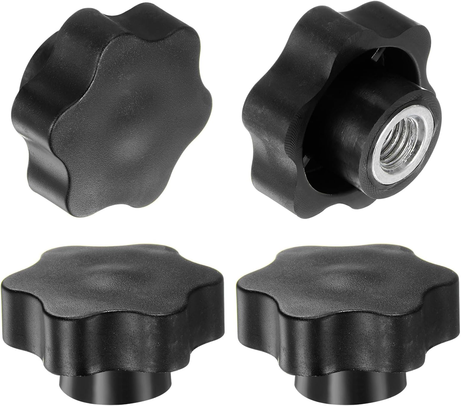 sourcing map 4pcs Star Knobs M12 Female Thread 48mm Head Plastic Non-Through Hole Brass Screw-in Clamping Handles Threaded Hand Knobs, Black