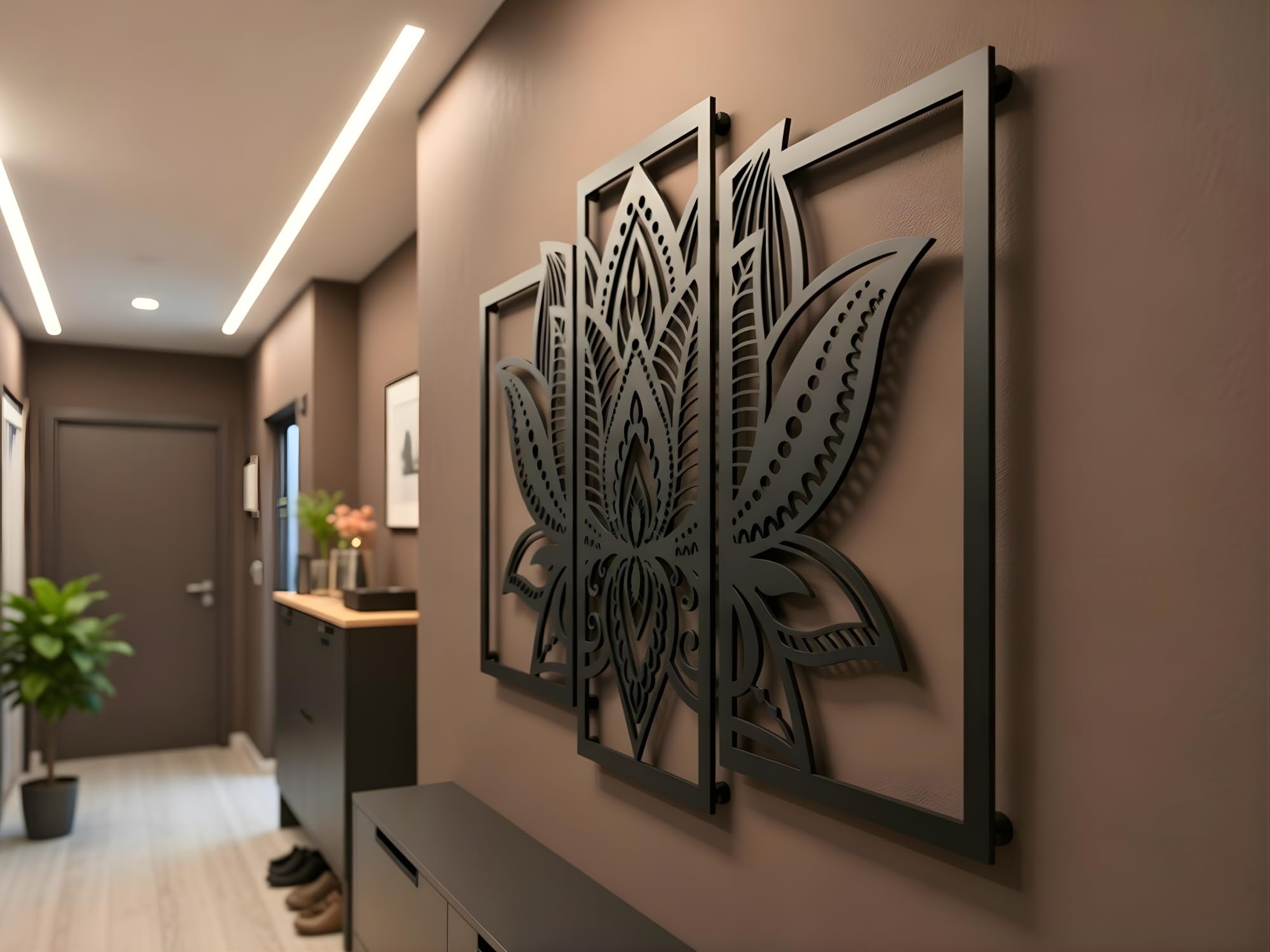 VAILLA Decoración de Pared Mural de Madera Decoración en Negro Dorado Decoración de Pared Hogar Arte de Pared 3D Decoración Moderna Cuadros para Hogar (Flor de loto)