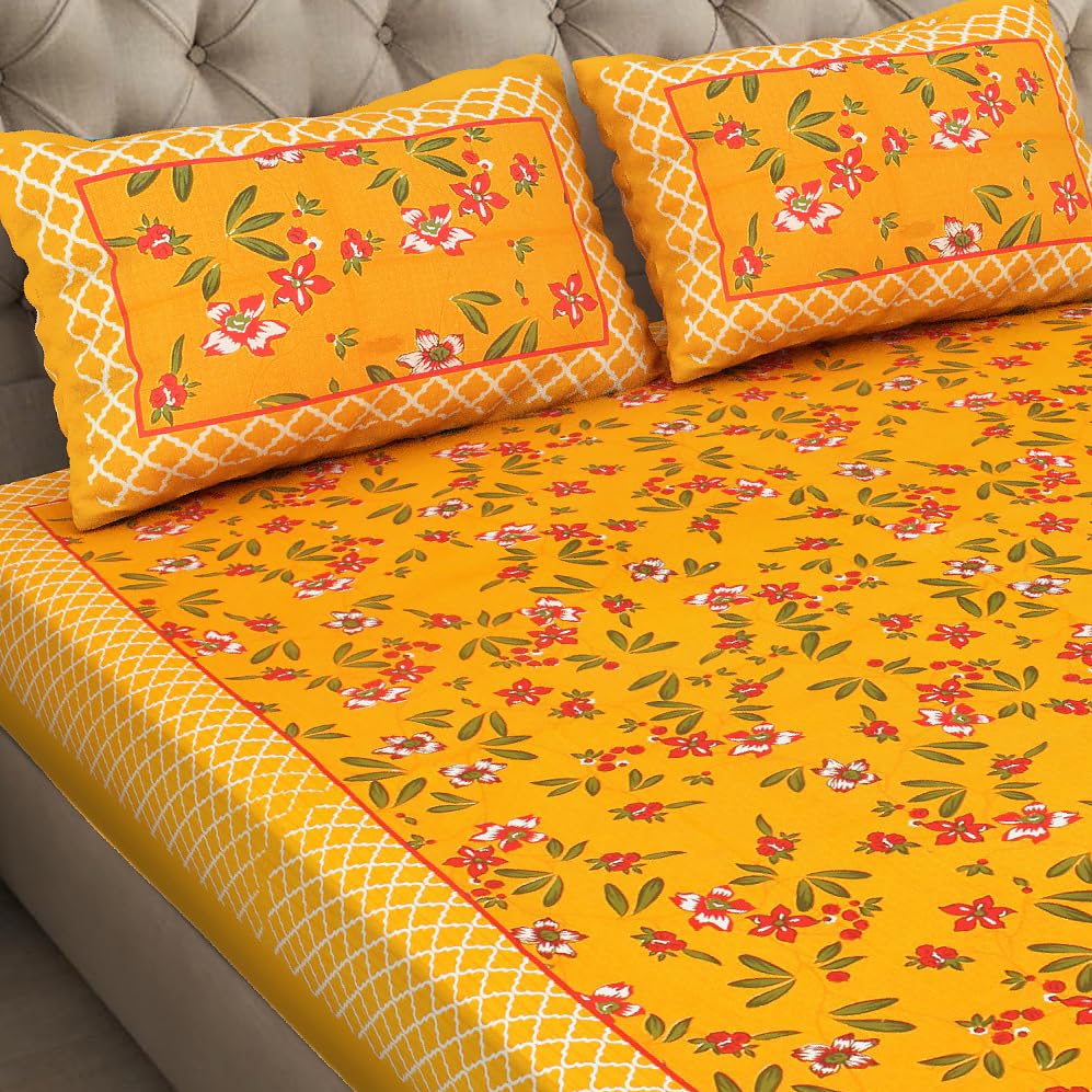 Image of JAIPUR PRINTS 100% Cotton Bedsheet for Double Size Bed bedsheets Rajasthani Jaipuri Printed Double Size Bedsheet with 2 Pillow Cover / 90x100 inch / 235x215 cm / (Yellow)