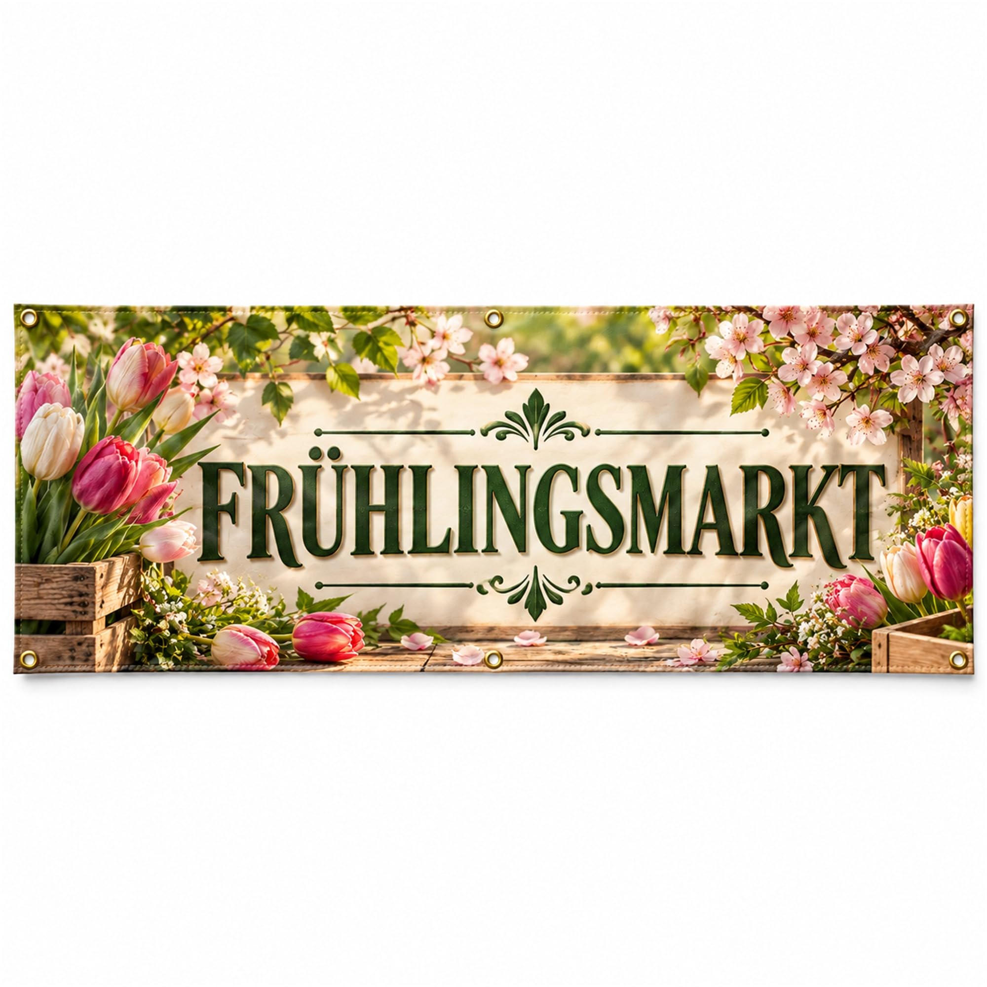 Frühlingsmarkt - Werbeplane 300x100 cm - 510 g PVC Banner Plane für Innen und Außen - wetterfest für Außenwerbung Innenbereich Geschäft Marktstand Veranstaltung Gastronomie