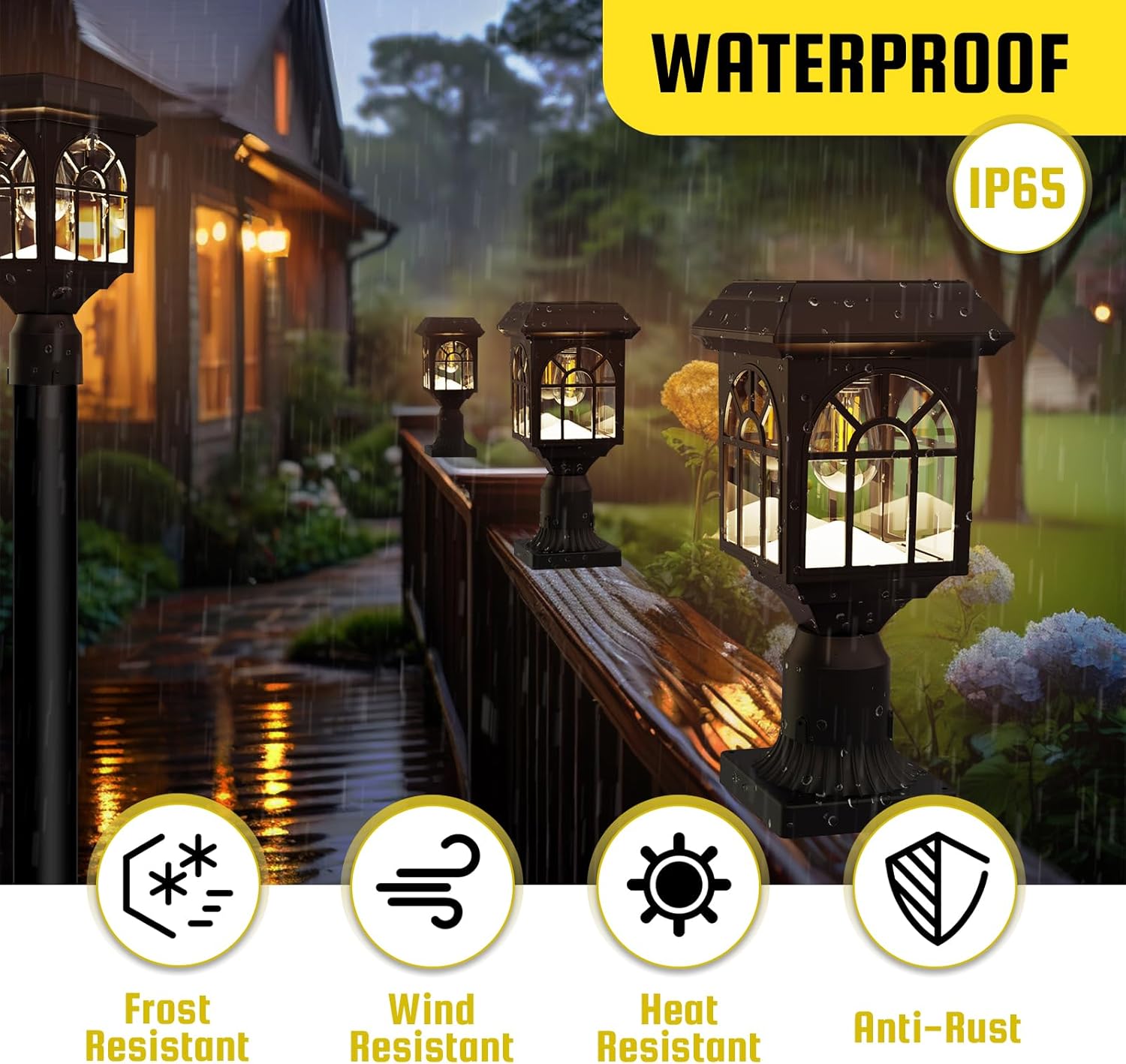 300 Lumens Solar Post Light - Dual Brightness (300LM/150LM), 3000K Warm White, IP65 Waterproof, Fits 3" Poles or with Base for Pier Mount | Modern Arch Design in Matte Black