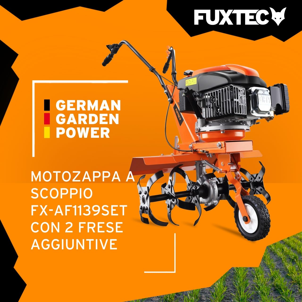 Fuxtec Motozappa a scoppio FX-AF1139 Set motocoltivatore a benzina 4 tempi 139cc 2,2kW con estensione della larghezza di lavoro da 36 a 66cm Coltivatore profondità regolabile fino a 30cm