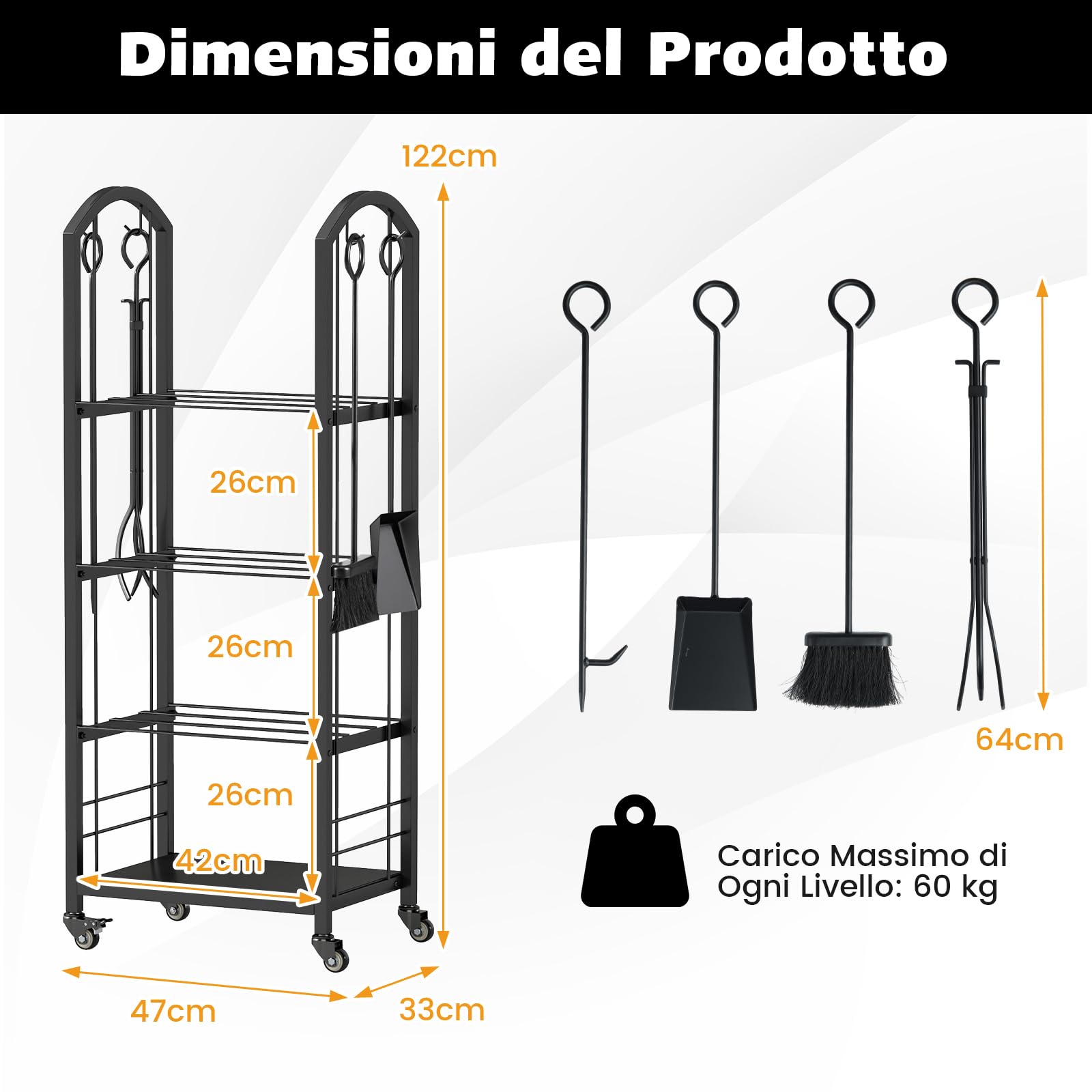 COSTWAY Porta Legna da Ardere a 3/4 Ripiani con Ruote, Portalegna da Interno ed Esterno con Attizzatoio, Paletta, Scopa e Pinza, Legnaia Resistente alla Corrosione e alle Intemperie (47 x 33 x 122 cm)