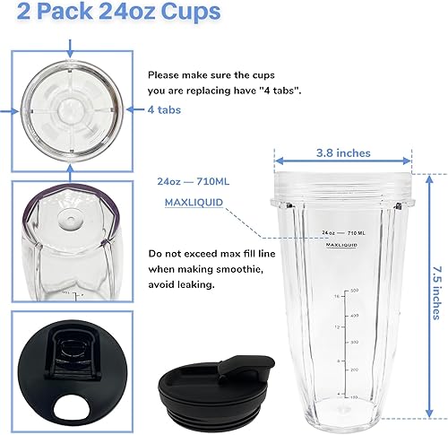 Miniatura 4 de Batidora de 24 onzas tazas y 7 aletas hoja 703KKU100 piezas de repuesto compatibles con Ninja Foodi Power SS100 SS101, SS150 Twist, SS151 Twisti,