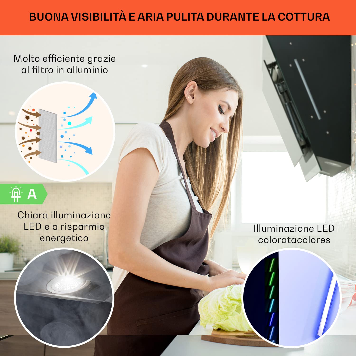 Klarstein Mirage 90 - Cappa aspirante a parete, senza testa, 90 cm, 550 m³/h, classe di efficienza energetica A++, pannello touch, Eco-Excellence, luce d'atmosfera RGB, vetro nero