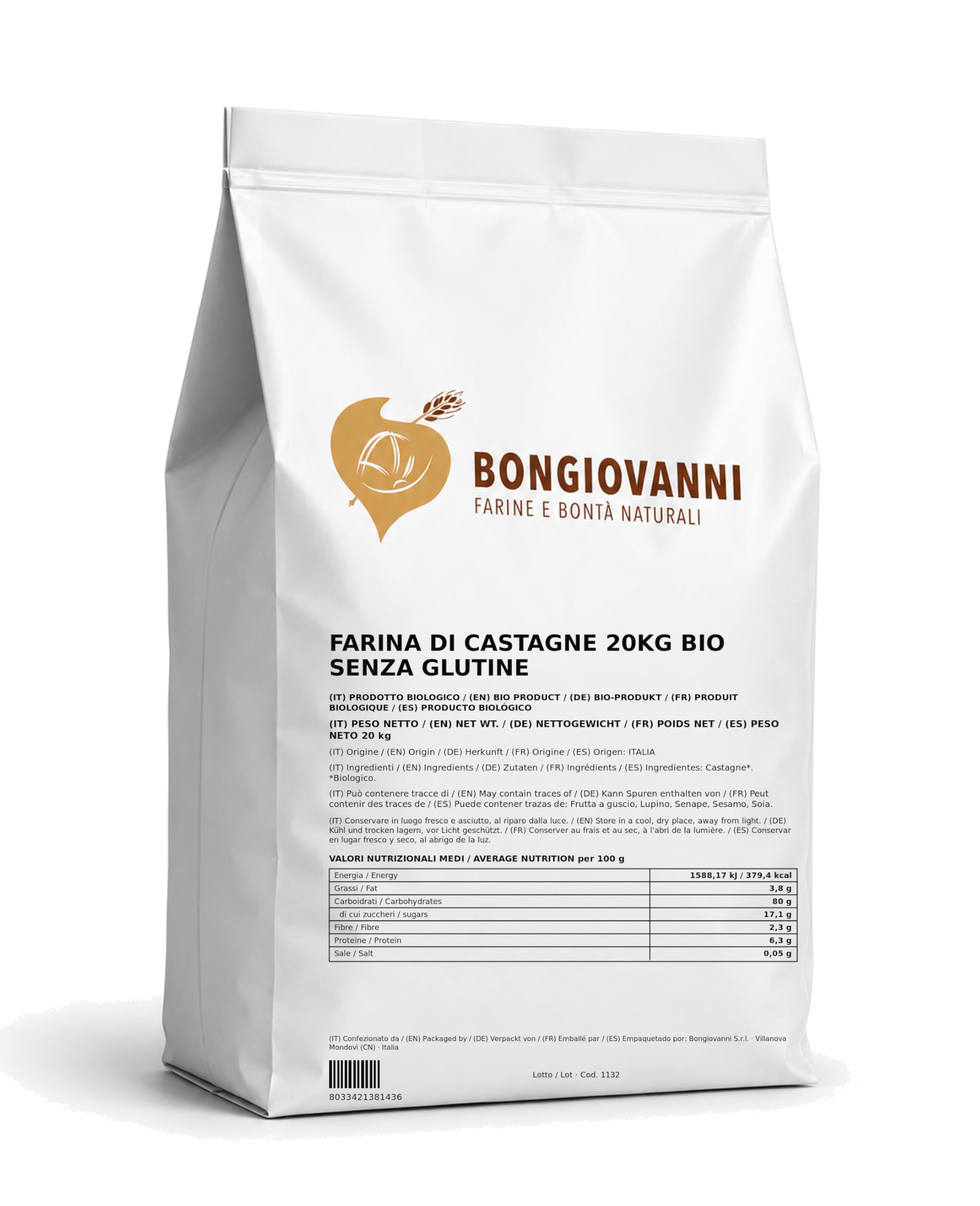 Bongiovanni Farine e Bonta' Naturali Harina de Castaño 20Kg Bio sin Gluten